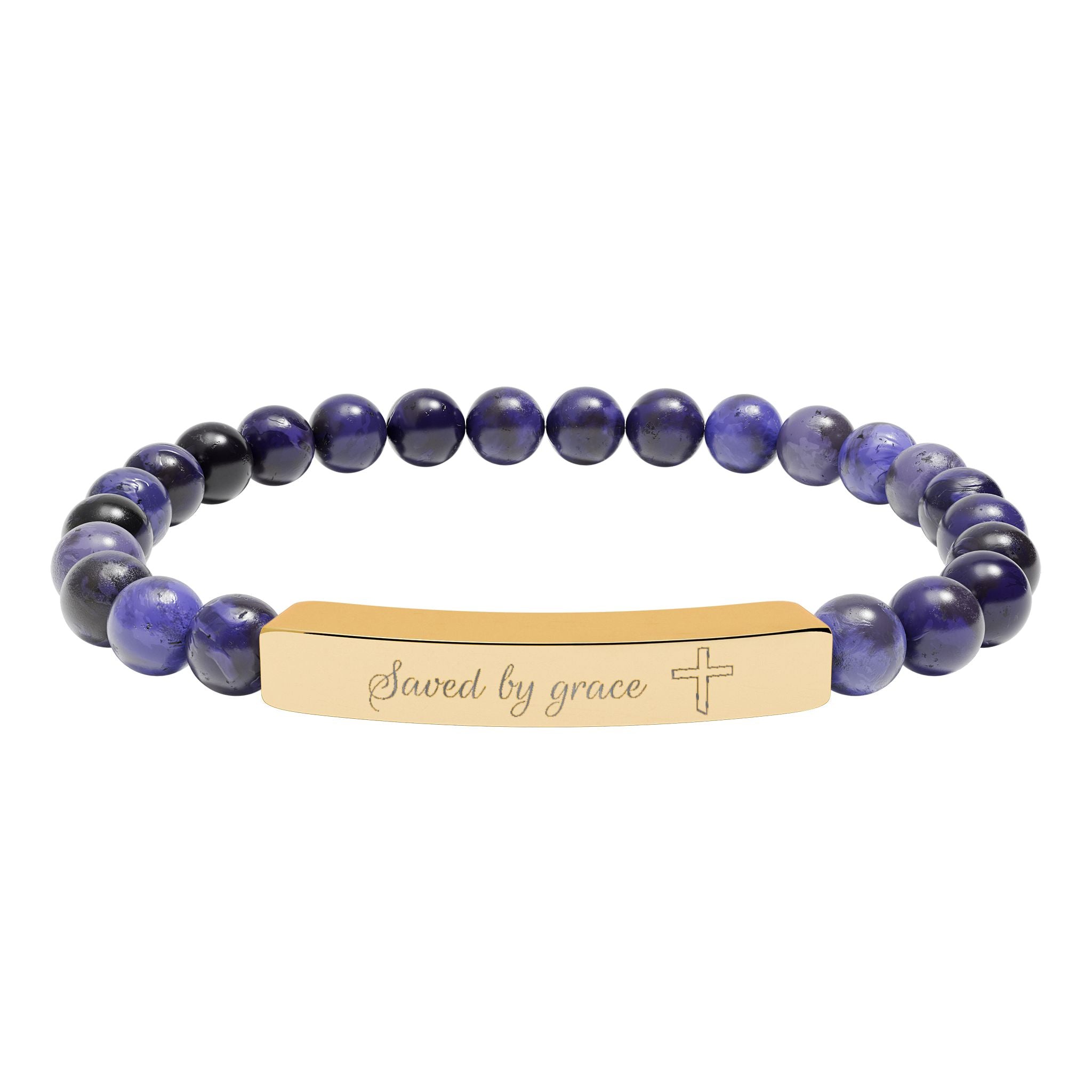 Saved by Grace Bracelet – 18K Gold PVD Engraved Bar with Natural Stone Beads | Christian Gift for Women & Men