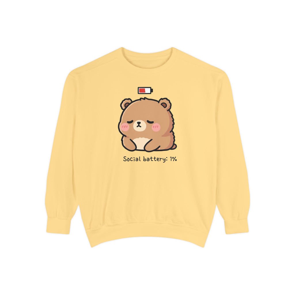 Exhausted Bear Cartoon Sweatshirt - "Social Battery: 1%" Comfy Unisex Apparel
