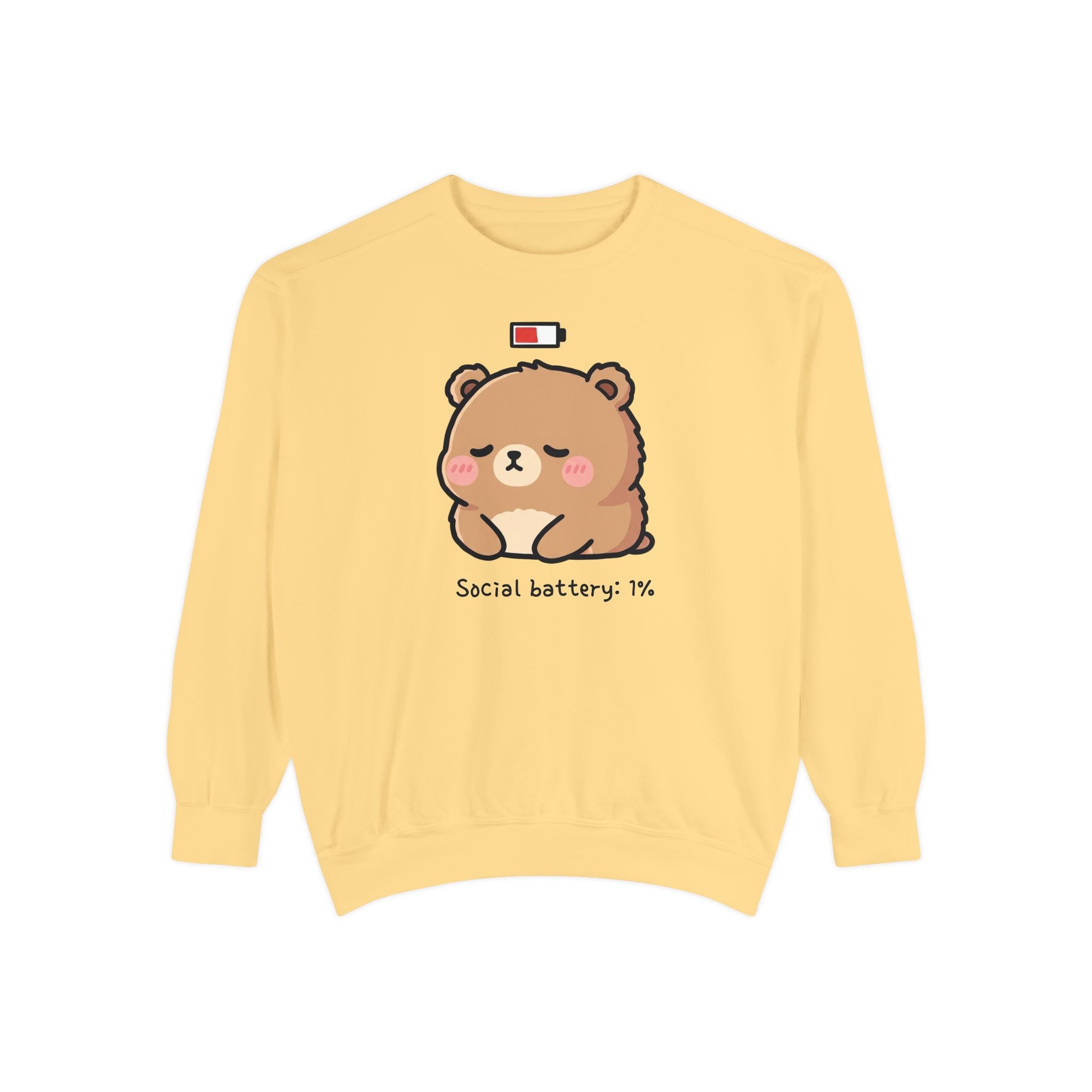 Exhausted Bear Cartoon Sweatshirt - "Social Battery: 1%" Comfy Unisex Apparel