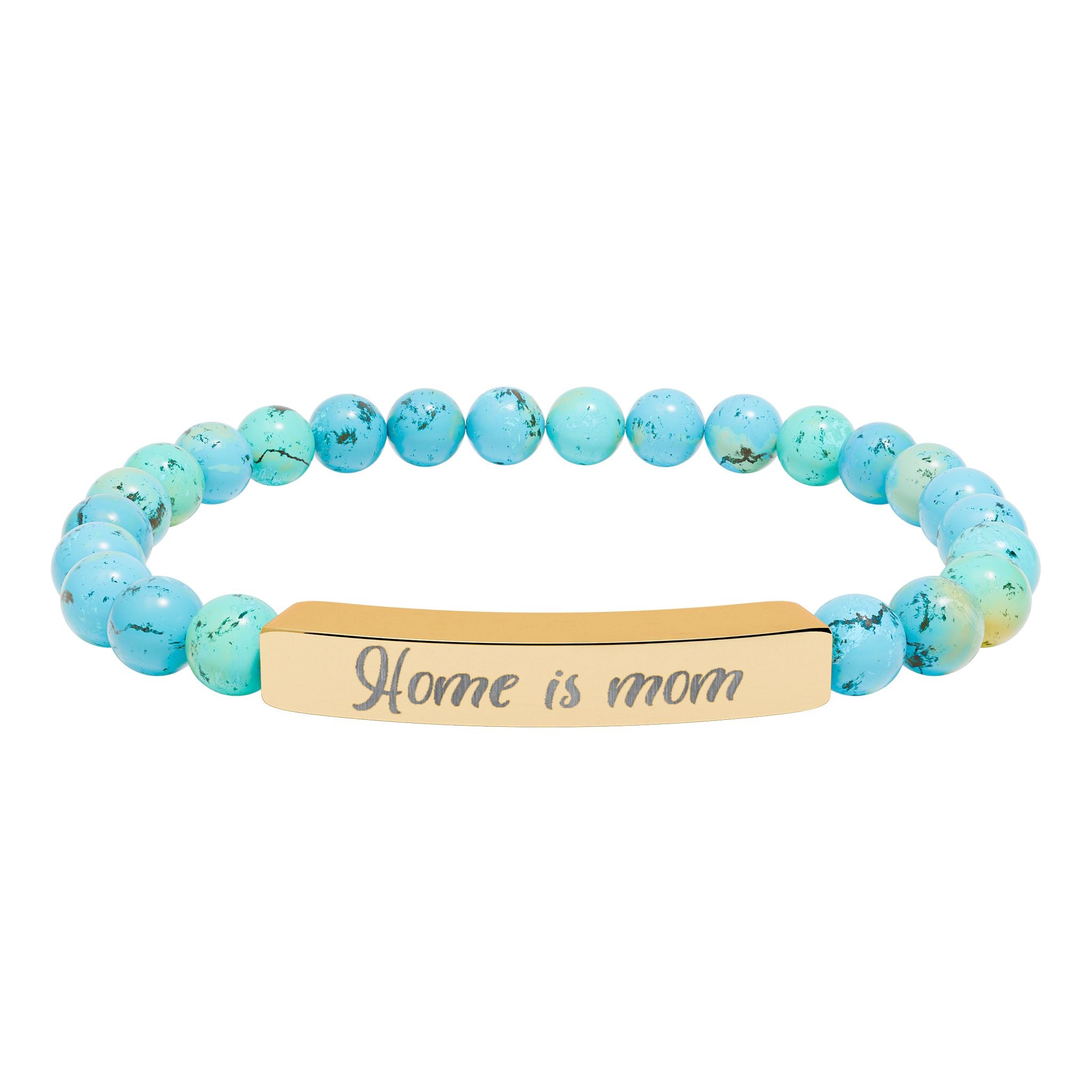 Home Is Mom Bracelet – 18K Gold PVD Engraved Bar with Natural Stone Beads | Meaningful Gift for Mom