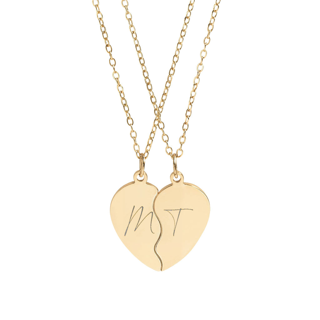 Personalized Split Heart Necklace Set – 18K Gold PVD Initials Pendant for Couples | Matching BFF Necklace