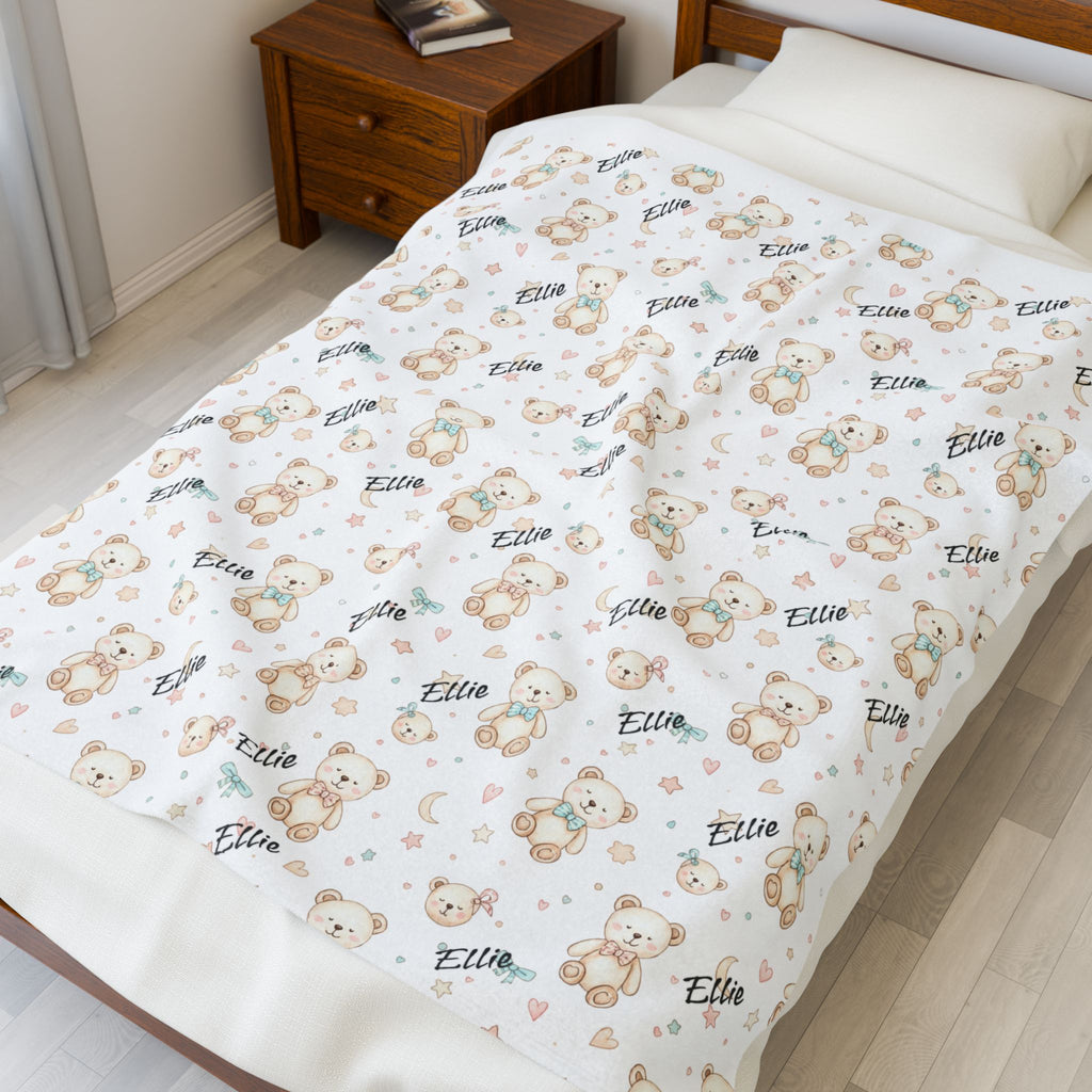 Personalized Teddy Bear Plush Blanket — Soft Cuddly Baby Nursery Throw