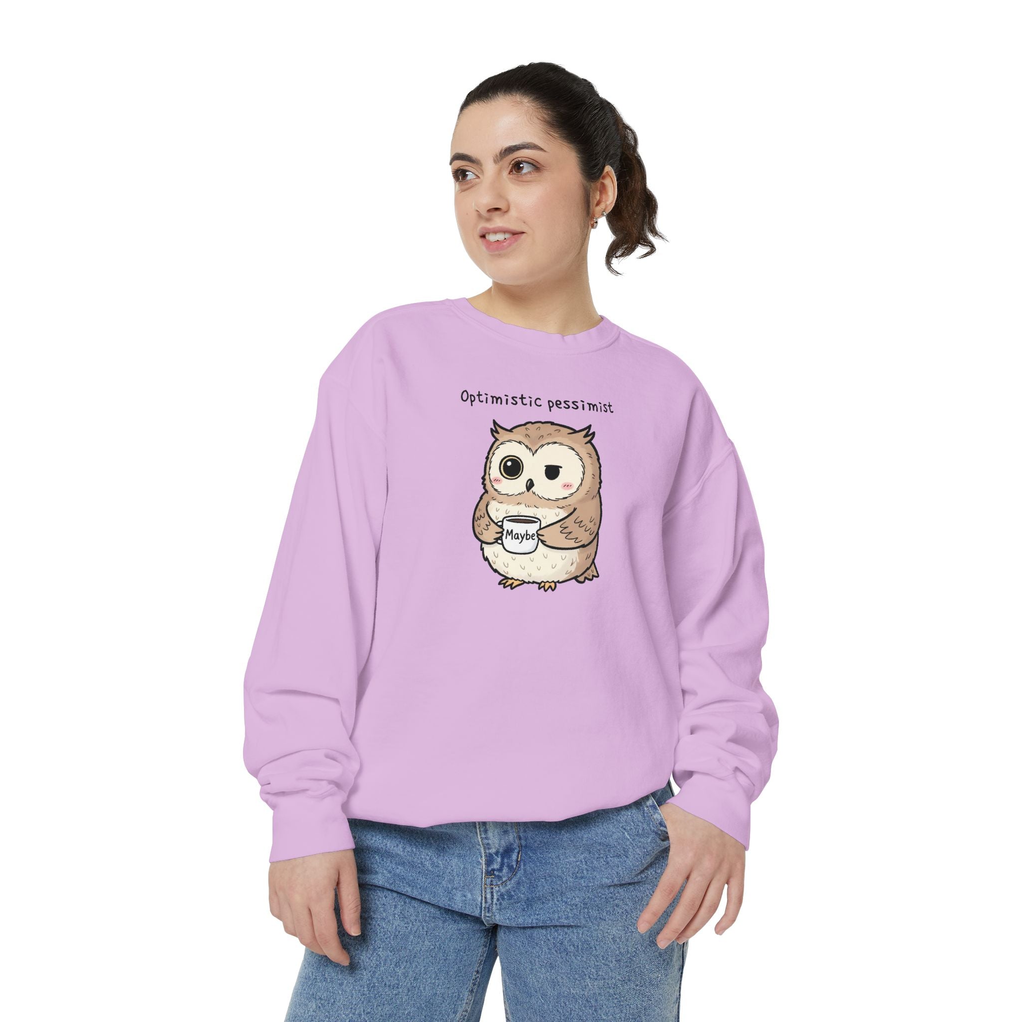 Doubtful Owl Sweatshirt – “Optimistic Pessimist (Maybe)” Unisex Garment-Dyed Apparel