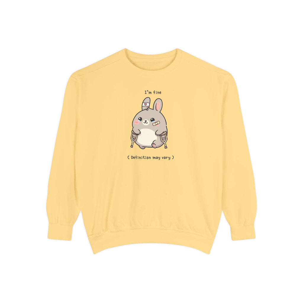 Cute Bunny Sweatshirt – “I’m Fine (Definition May Vary)” Unisex Garment-Dyed Apparel