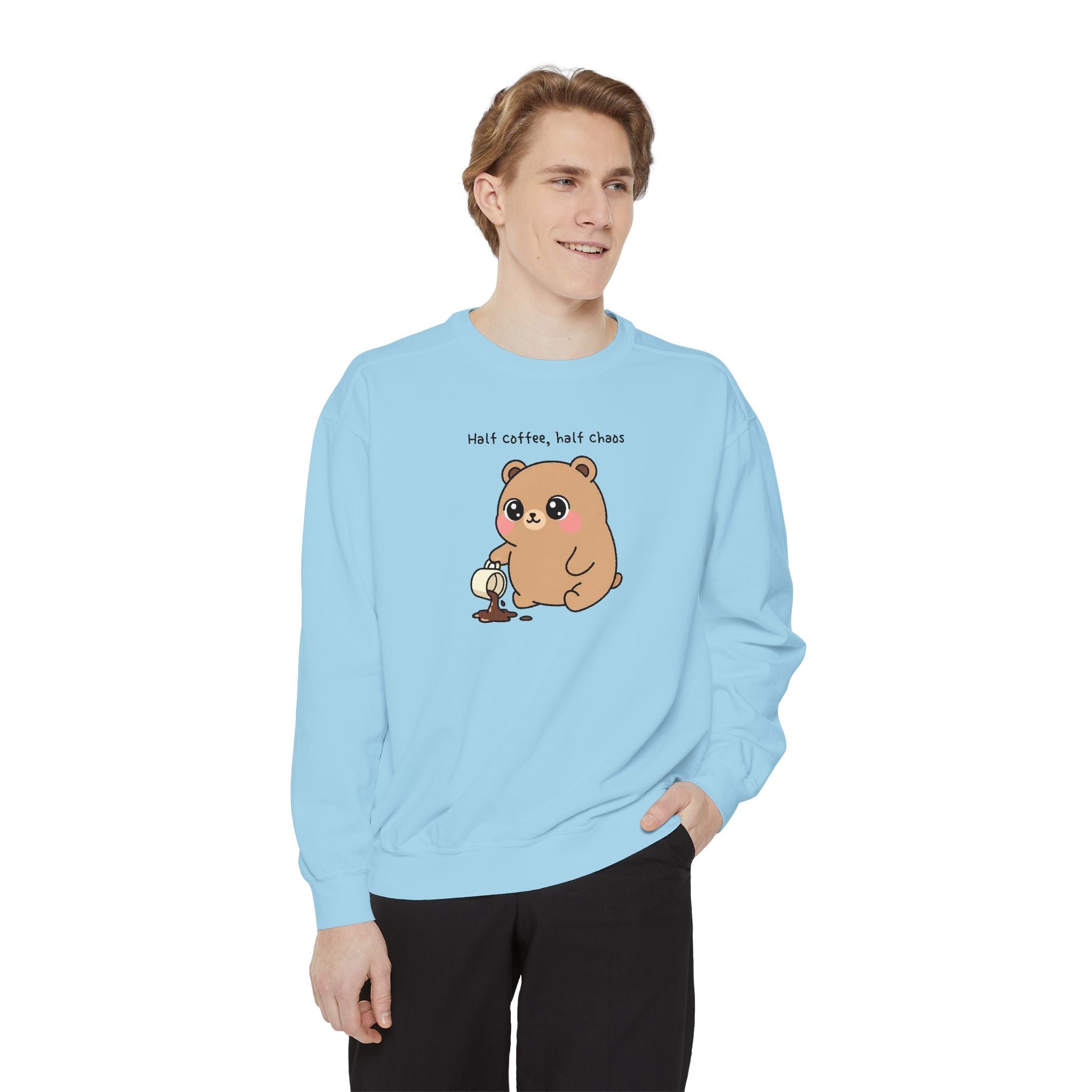 Cute Bear Sweatshirt – “Half Coffee, Half Chaos” Cozy Unisex Crewneck