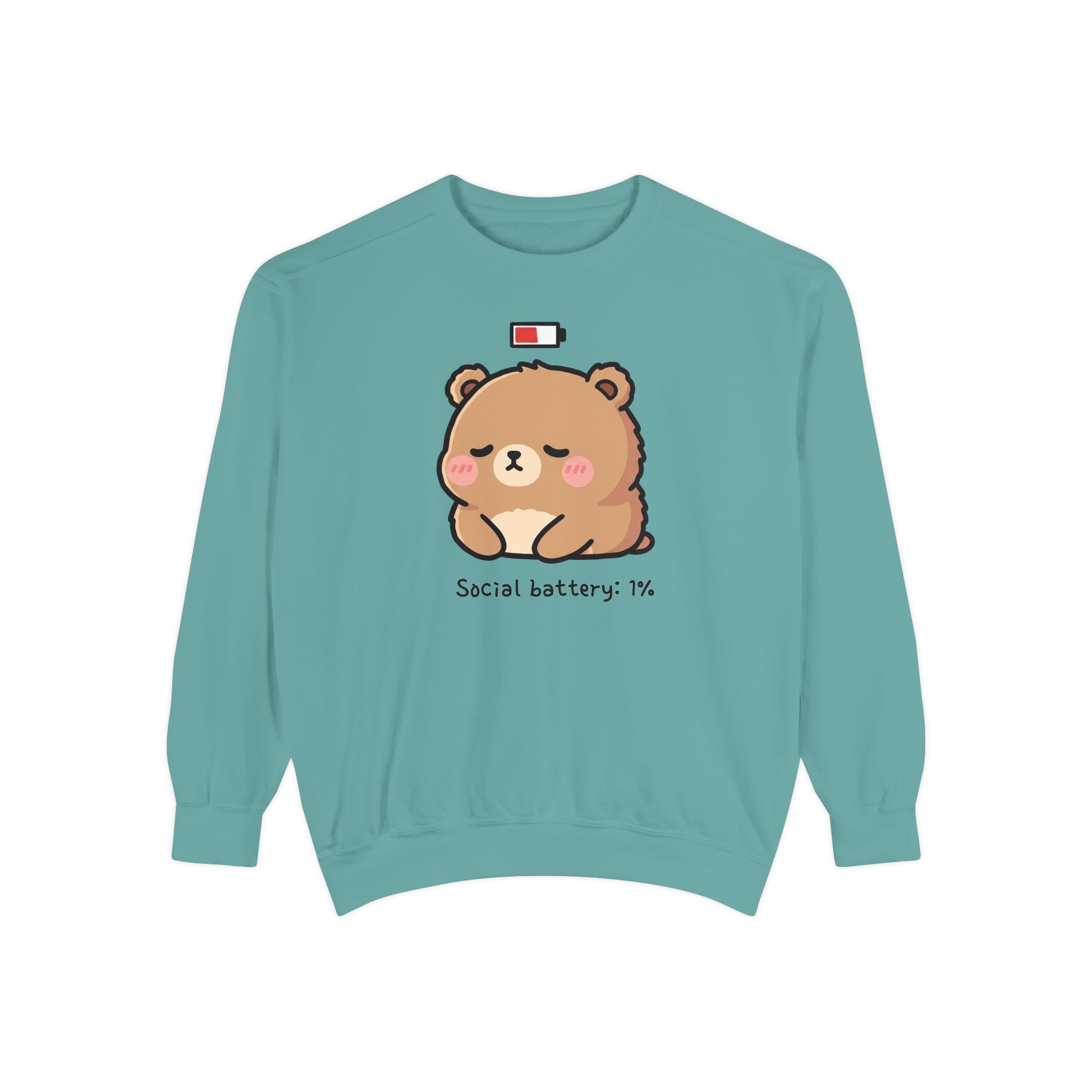 Exhausted Bear Cartoon Sweatshirt - "Social Battery: 1%" Comfy Unisex Apparel