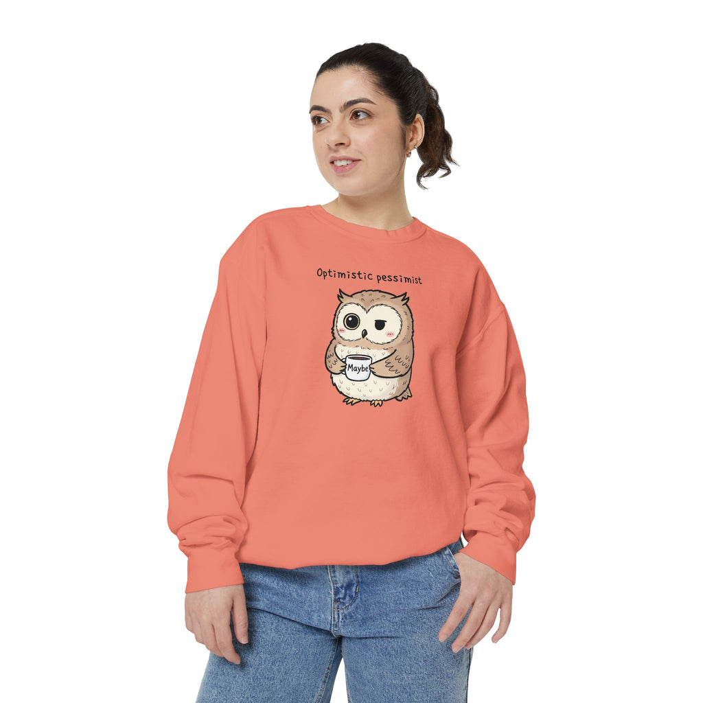 Doubtful Owl Sweatshirt – “Optimistic Pessimist (Maybe)” Unisex Garment-Dyed Apparel