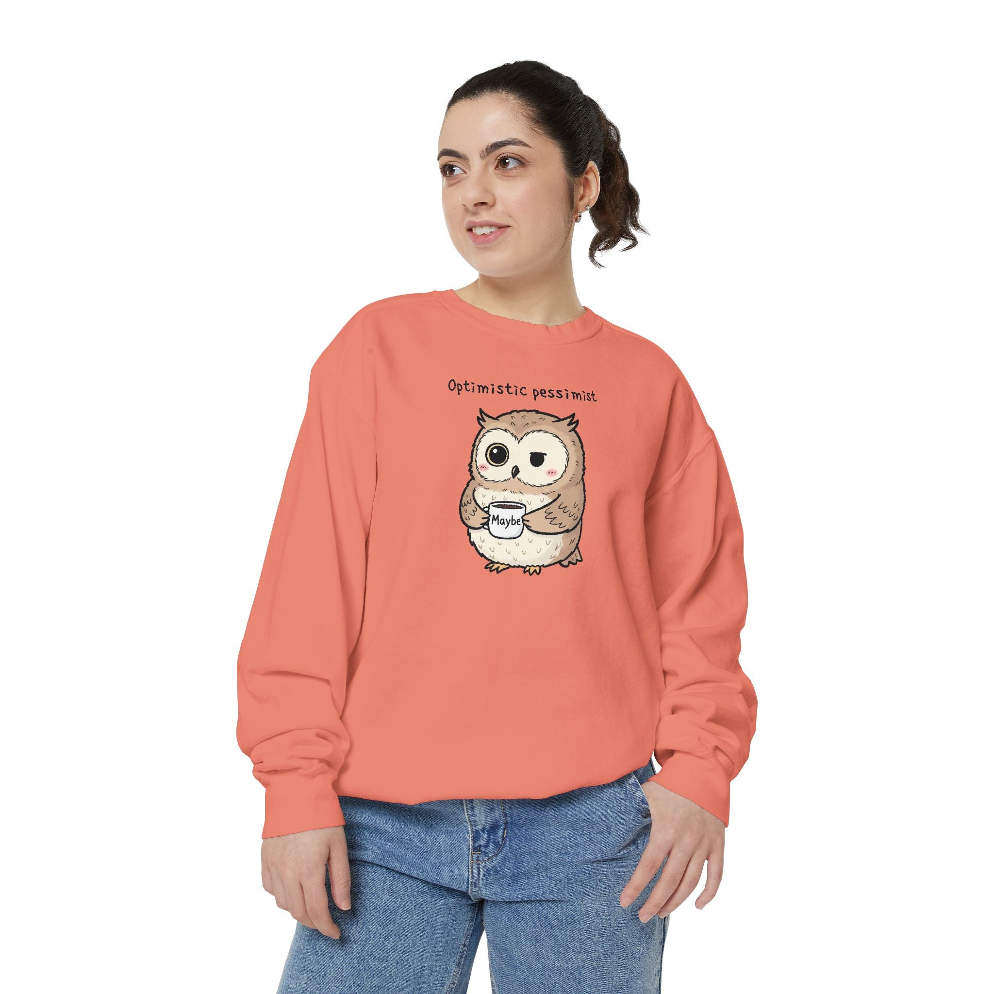 Doubtful Owl Sweatshirt – “Optimistic Pessimist (Maybe)” Unisex Garment-Dyed Apparel