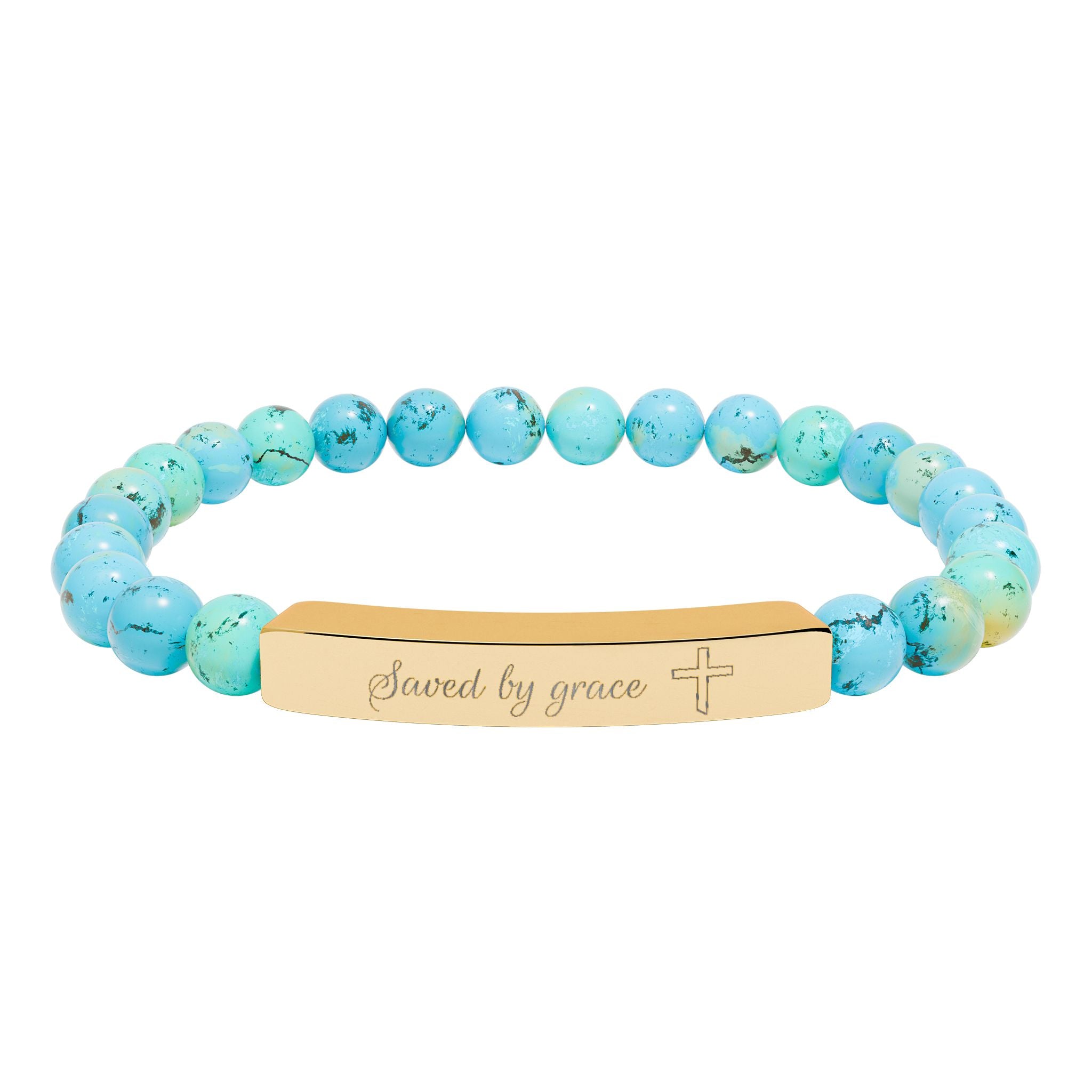 Saved by Grace Bracelet – 18K Gold PVD Engraved Bar with Natural Stone Beads | Christian Gift for Women & Men