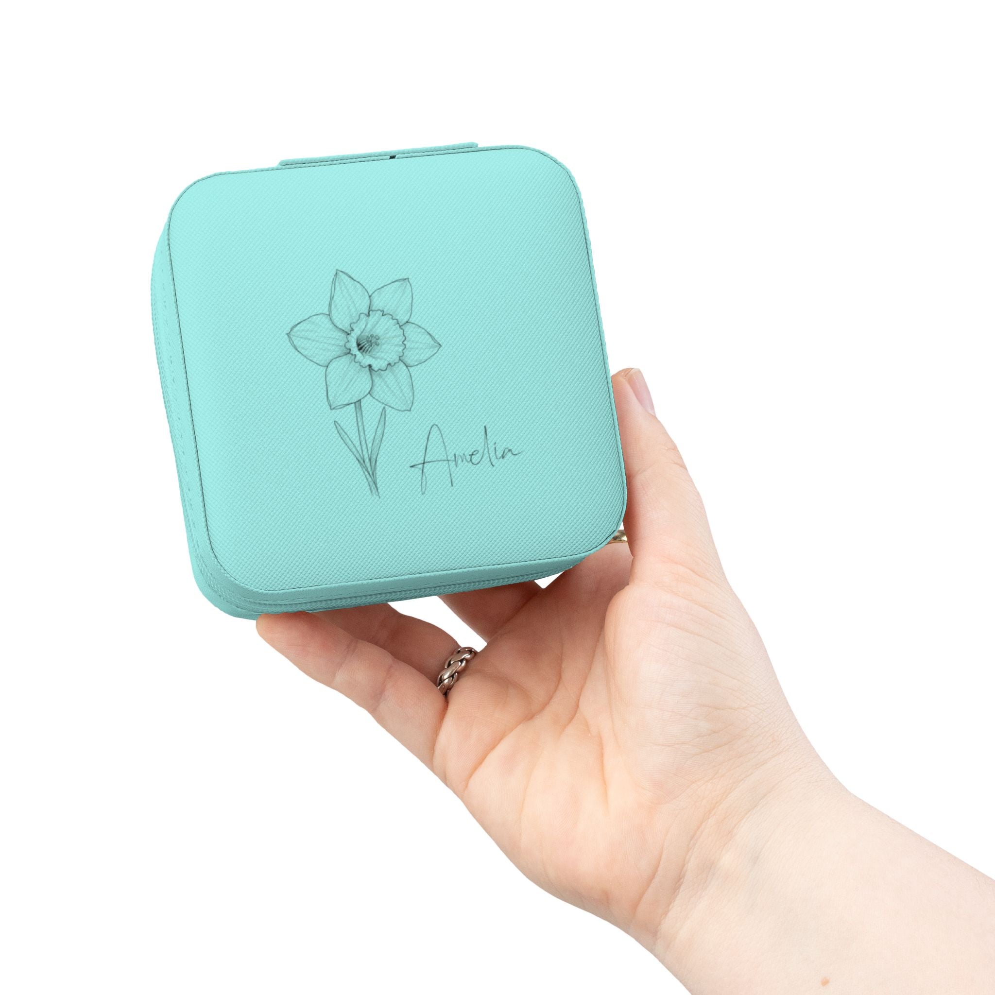 Travel Jewelry Case Personalized with Birth Flower & Name – Compact Organizer for Rings, Chains & Earrings