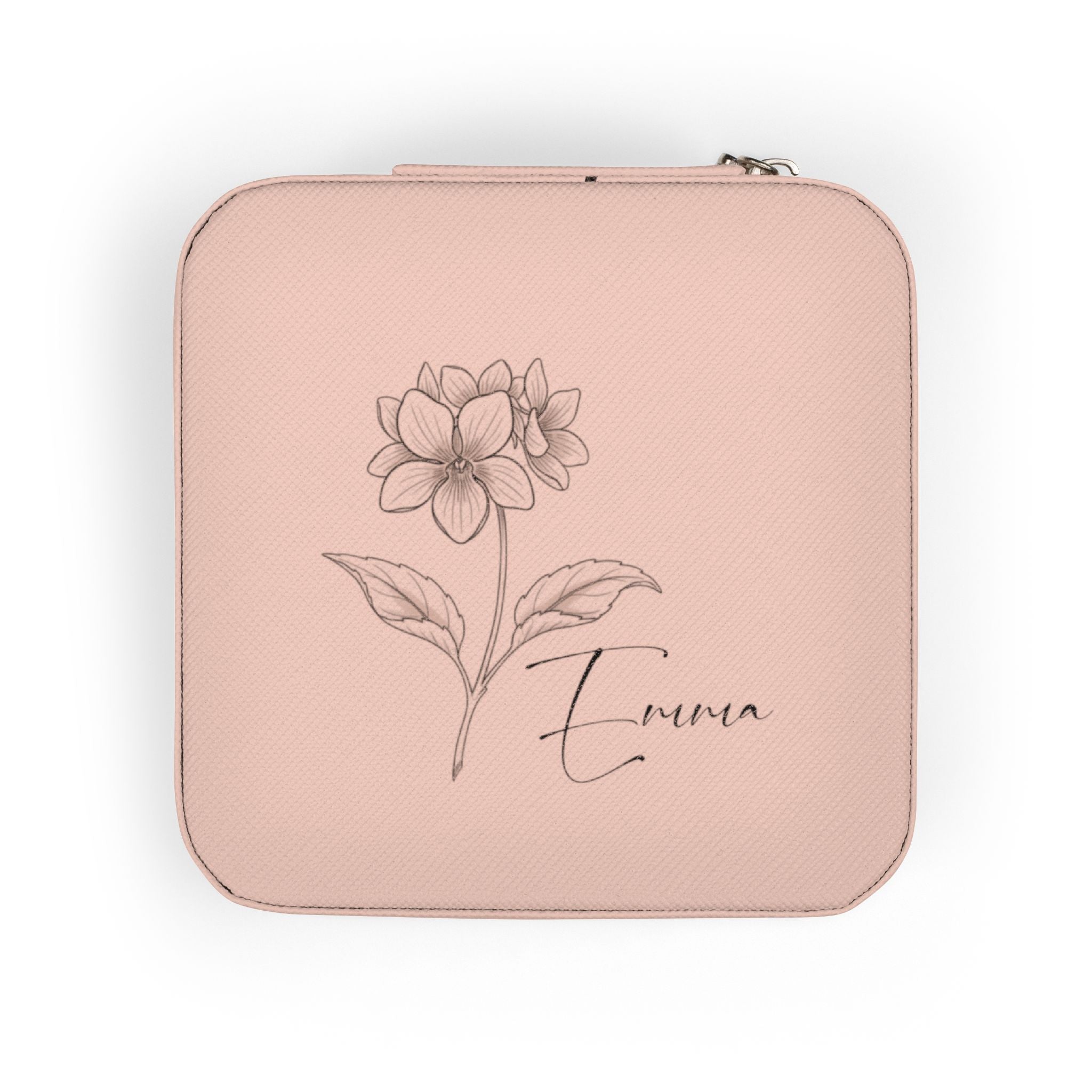 Custom Name Jewelry Travel Case – Birth Flower PU Leather Organizer for Rings, Earrings & Necklaces