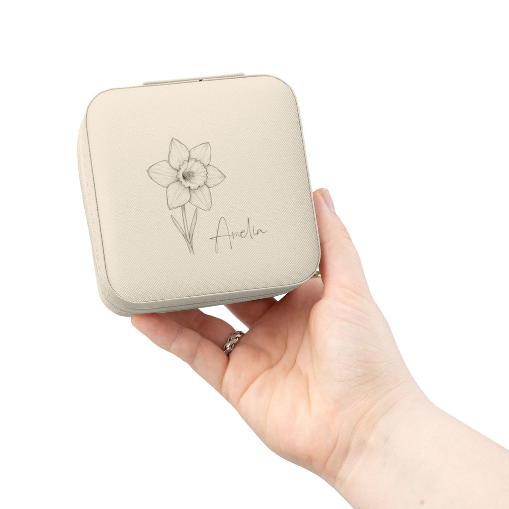 Travel Jewelry Case Personalized with Birth Flower & Name – Compact Organizer for Rings, Chains & Earrings