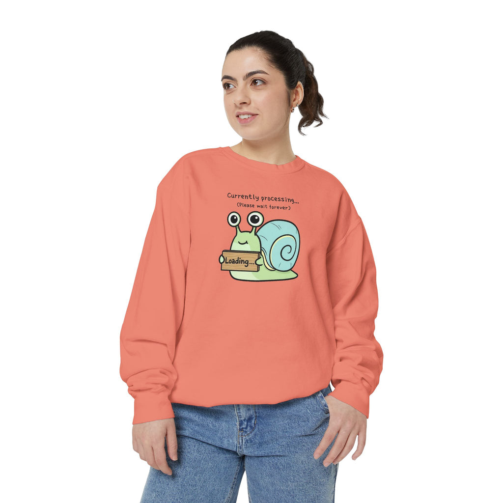 Funny Snail Sweatshirt – “Currently Processing… Please Wait Forever” Unisex Relaxed Fit Apparel