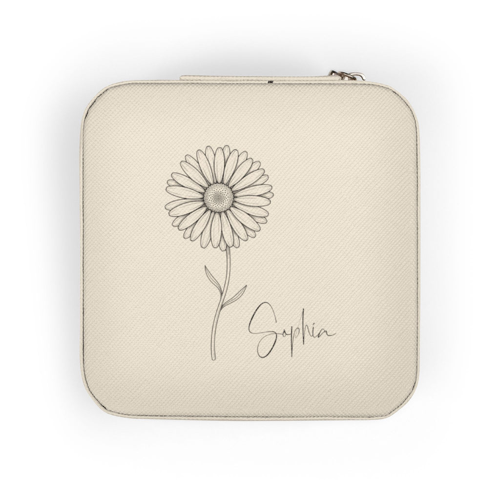 Personalized Birth Flower Jewelry Travel Case – Compact PU Leather Organizer for Rings, Necklaces & Earrings (Custom Name & Font)