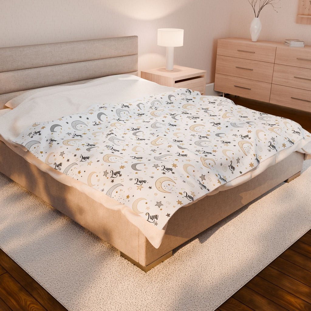 Personalized Moon & Stars Plush Blanket — Soft Velveteen Baby Nursery Throw