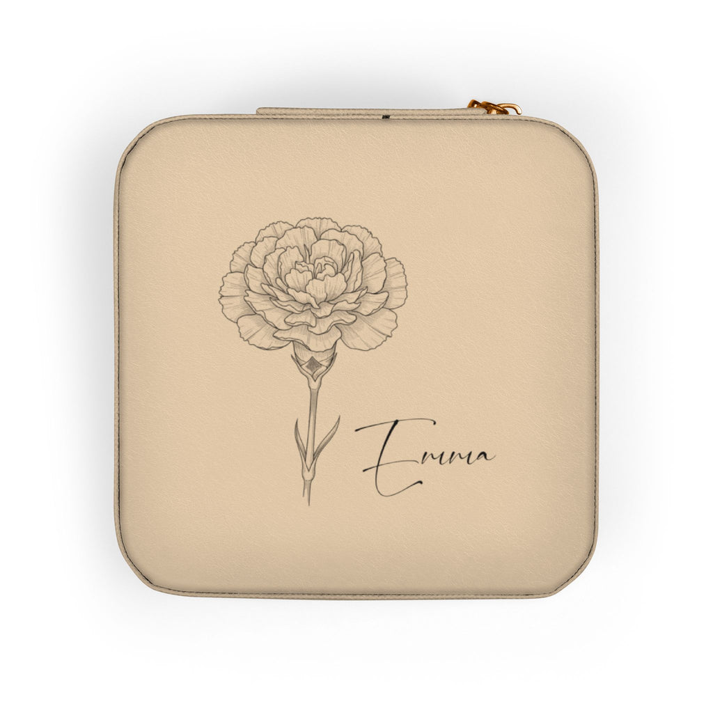 Personalized Jewelry Travel Organizer with Name & Birth Flower – Compact PU Leather Case for Rings & Necklaces