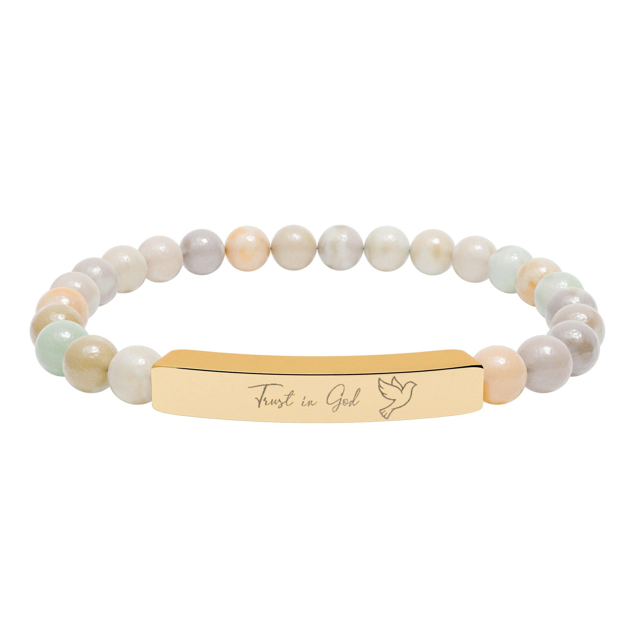 Trust in God Bracelet – 18K Gold PVD Engraved Bar with Natural Stone Beads | Christian Gift for Women & Men