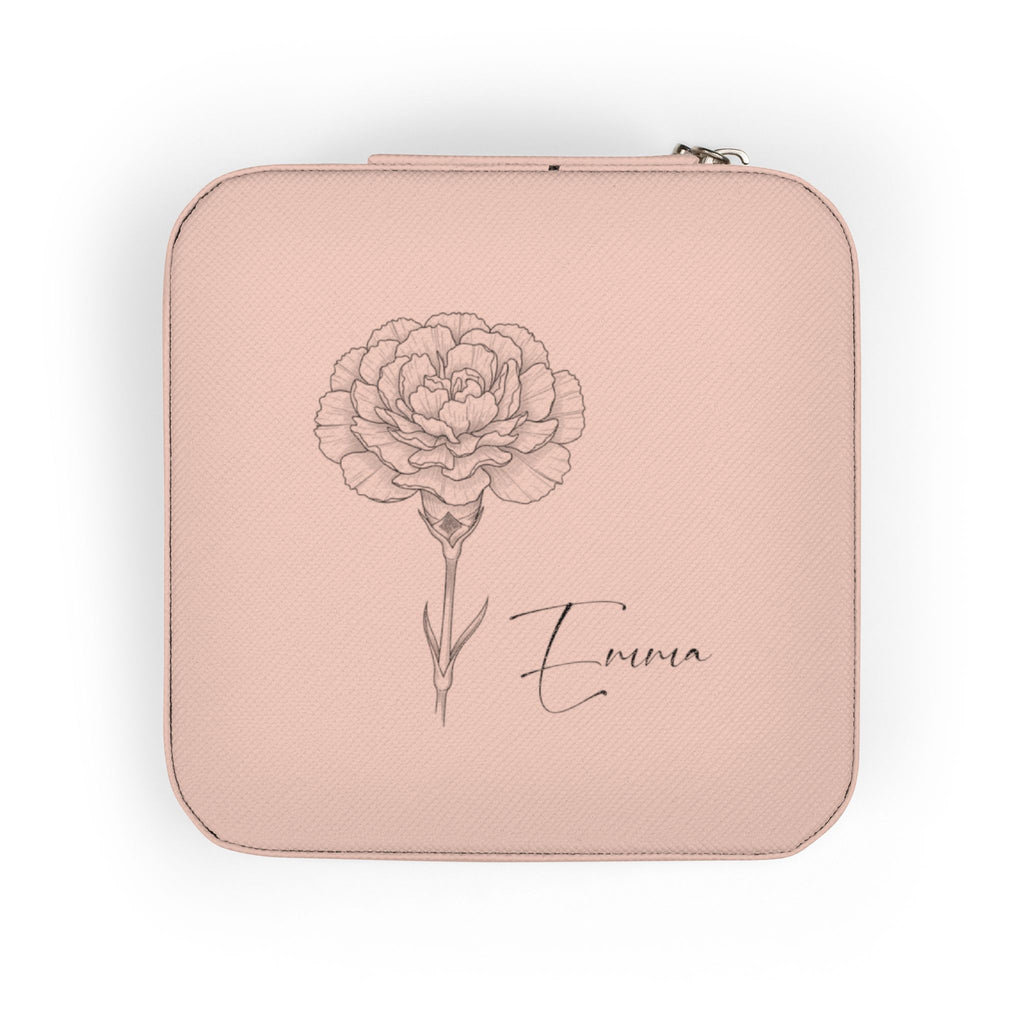 Personalized Jewelry Travel Organizer with Name & Birth Flower – Compact PU Leather Case for Rings & Necklaces