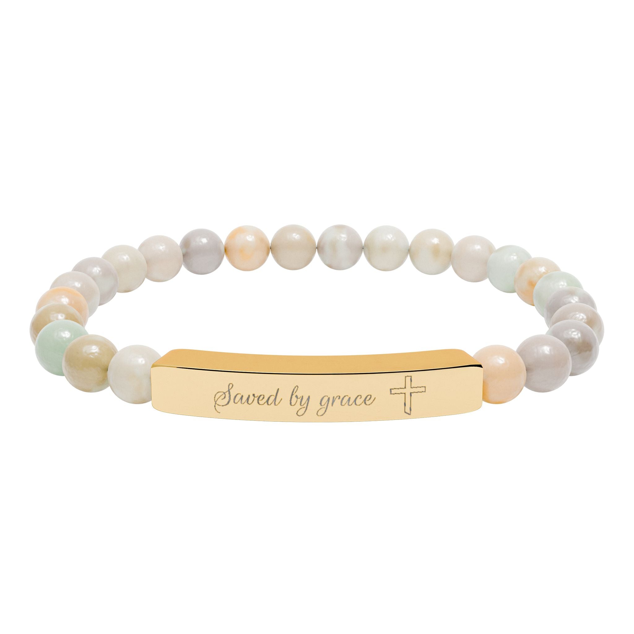 Saved by Grace Bracelet – 18K Gold PVD Engraved Bar with Natural Stone Beads | Christian Gift for Women & Men