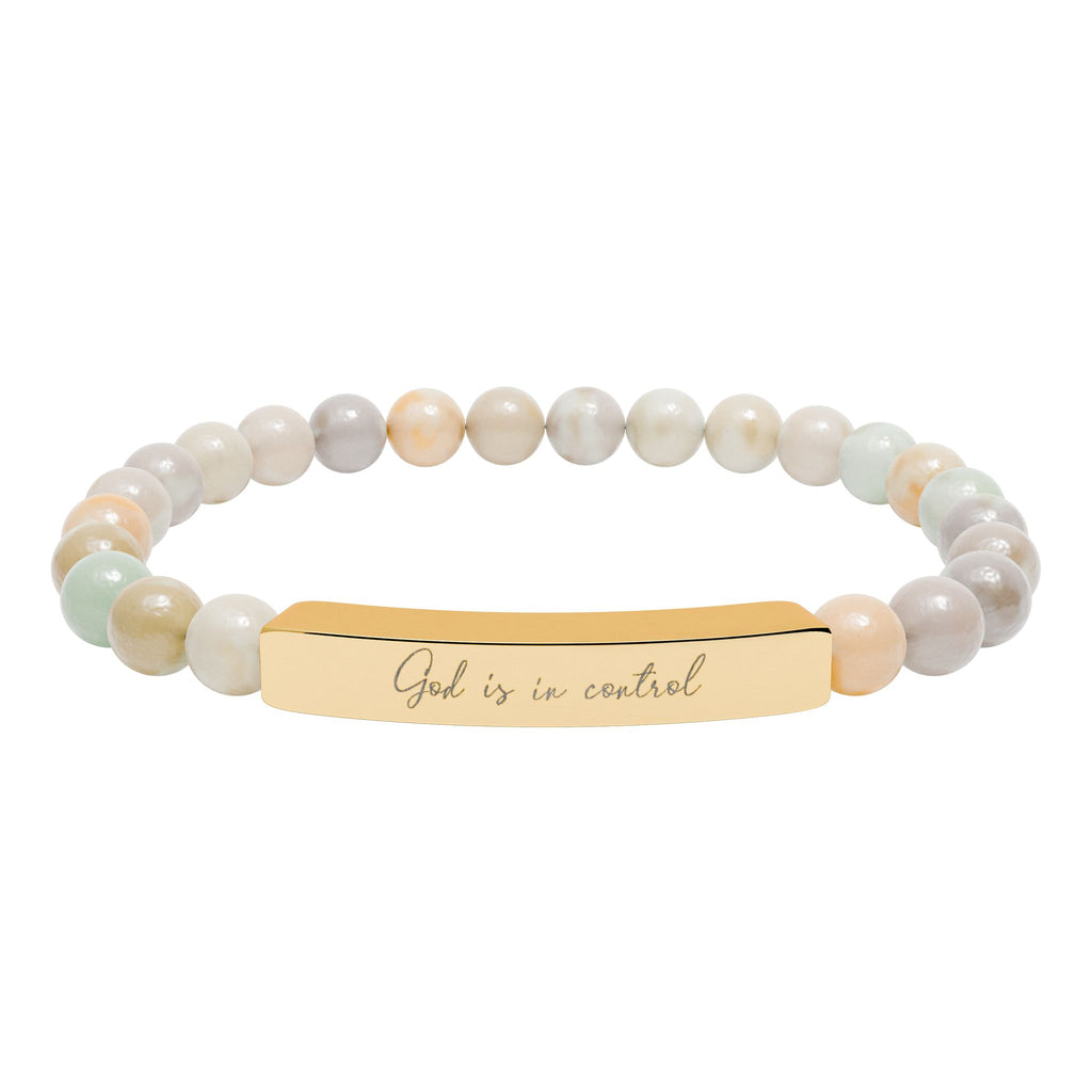 God Is in Control Bracelet – 18K Gold PVD Engraved Bar with Natural Stone Beads | Christian Gift for Women & Men