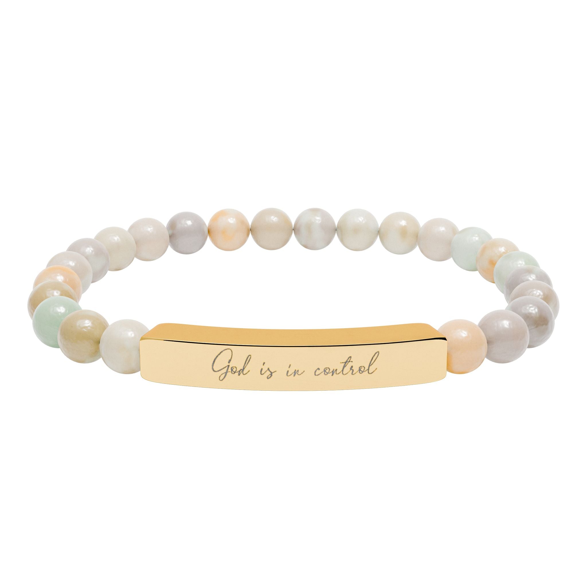 God Is in Control Bracelet – 18K Gold PVD Engraved Bar with Natural Stone Beads | Christian Gift for Women & Men