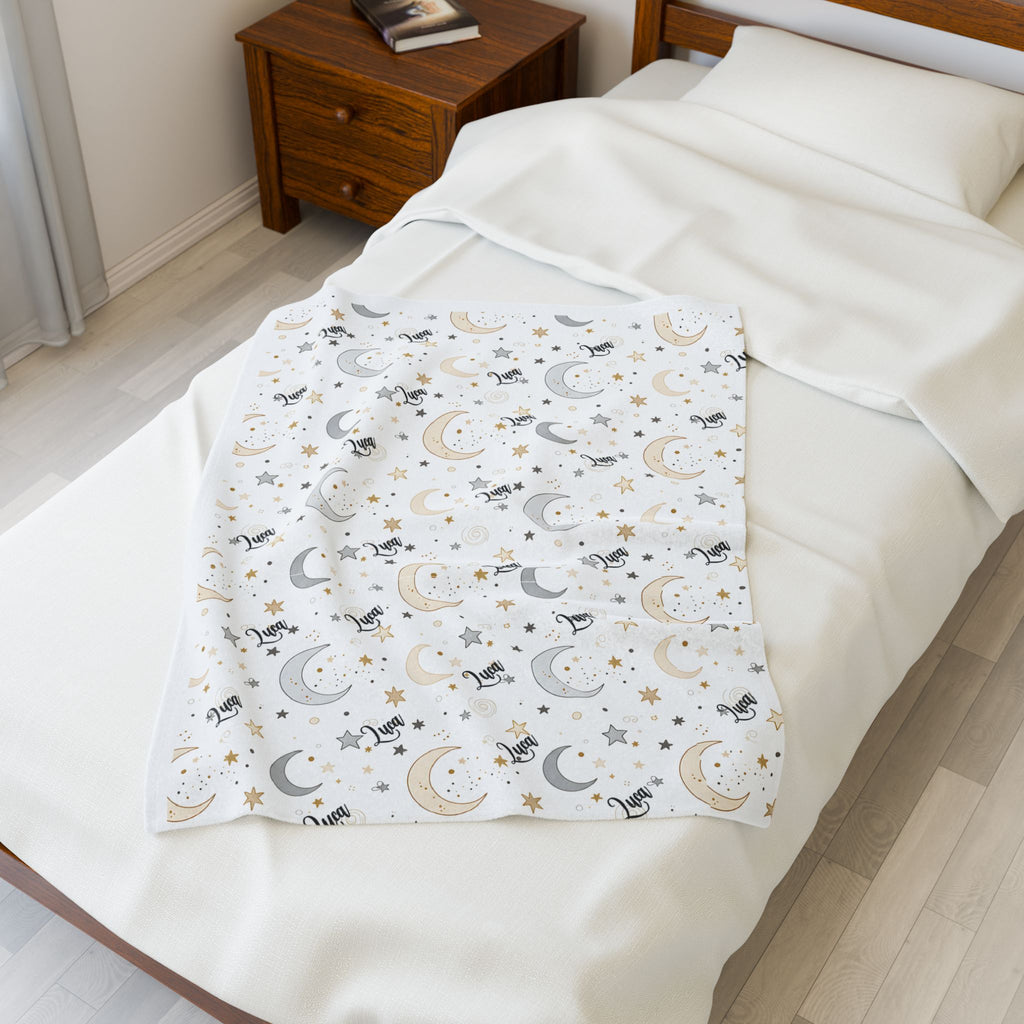 Personalized Moon & Stars Plush Blanket — Soft Velveteen Baby Nursery Throw
