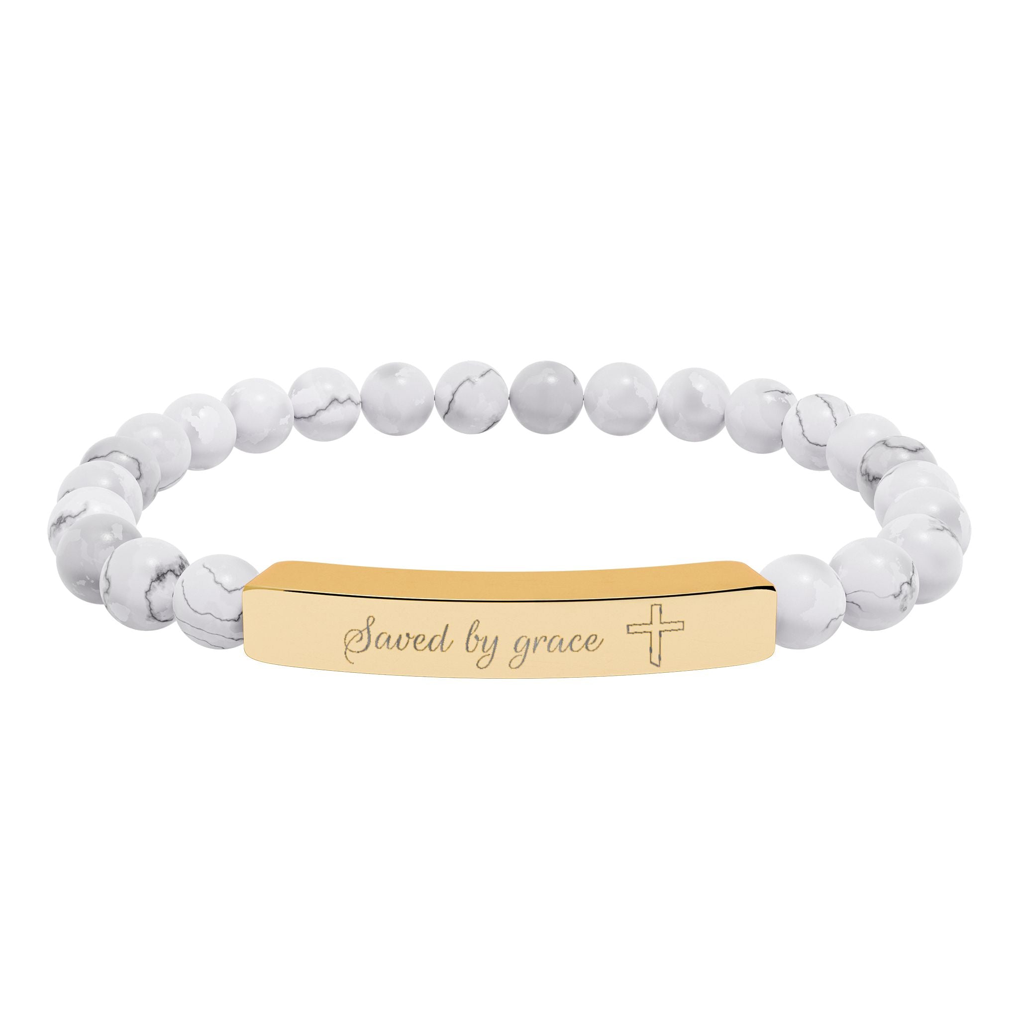 Saved by Grace Bracelet – 18K Gold PVD Engraved Bar with Natural Stone Beads | Christian Gift for Women & Men