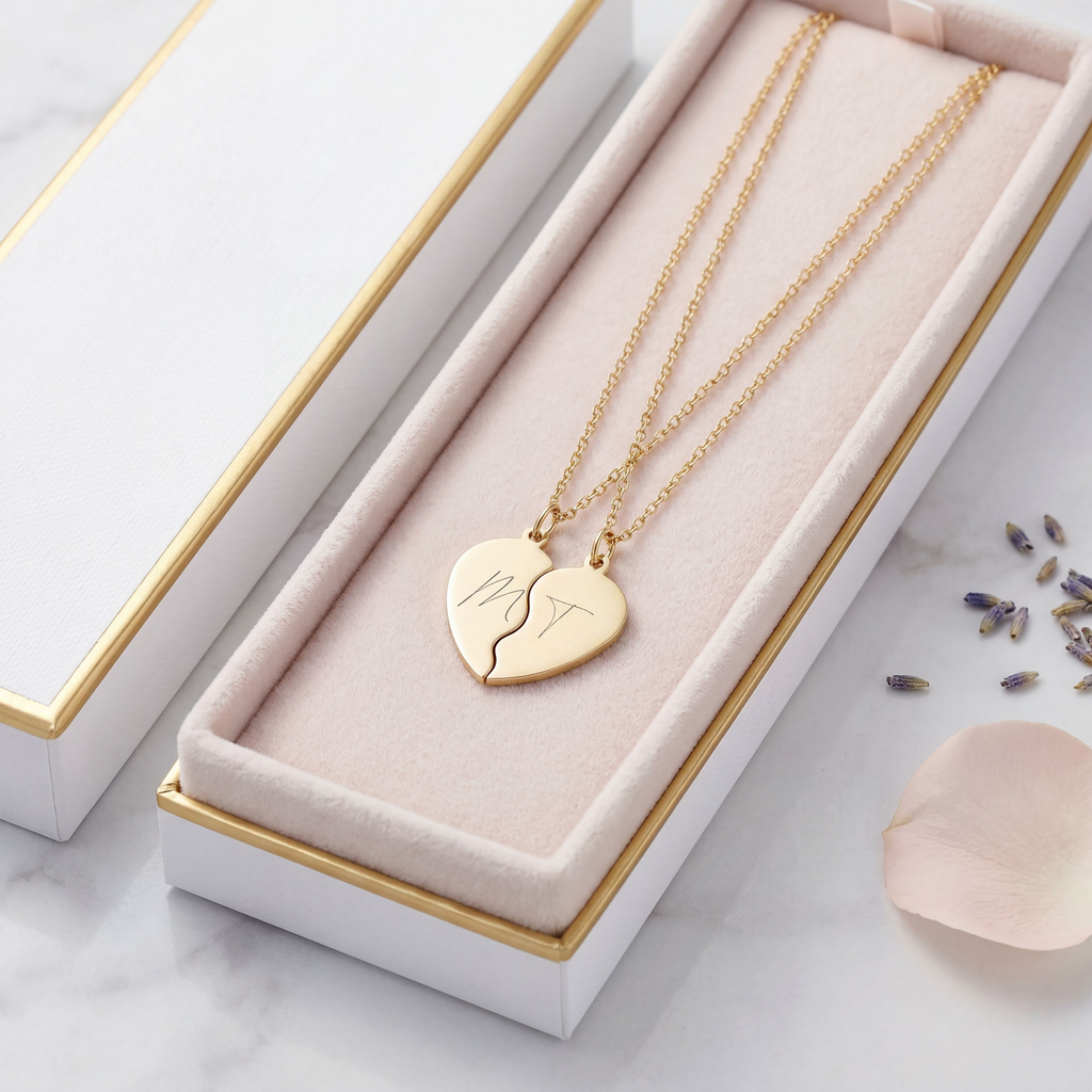 Personalized Split Heart Necklace Set – 18K Gold PVD Initials Pendant for Couples | Matching BFF Necklace