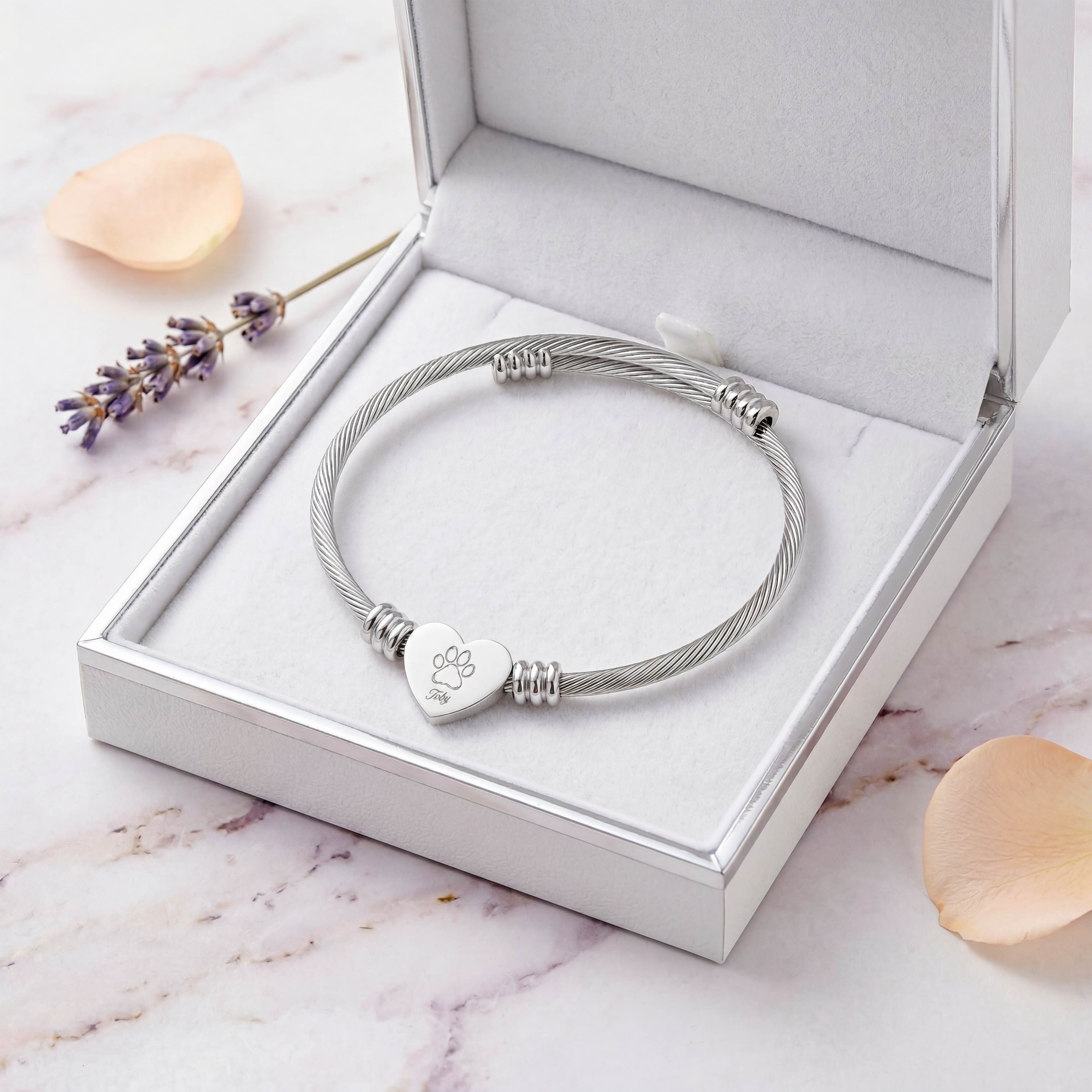 Personalized Dog Name Bracelet – Engraved Paw Heart Cuff | Custom Pet Memorial Gift for Dog Lovers