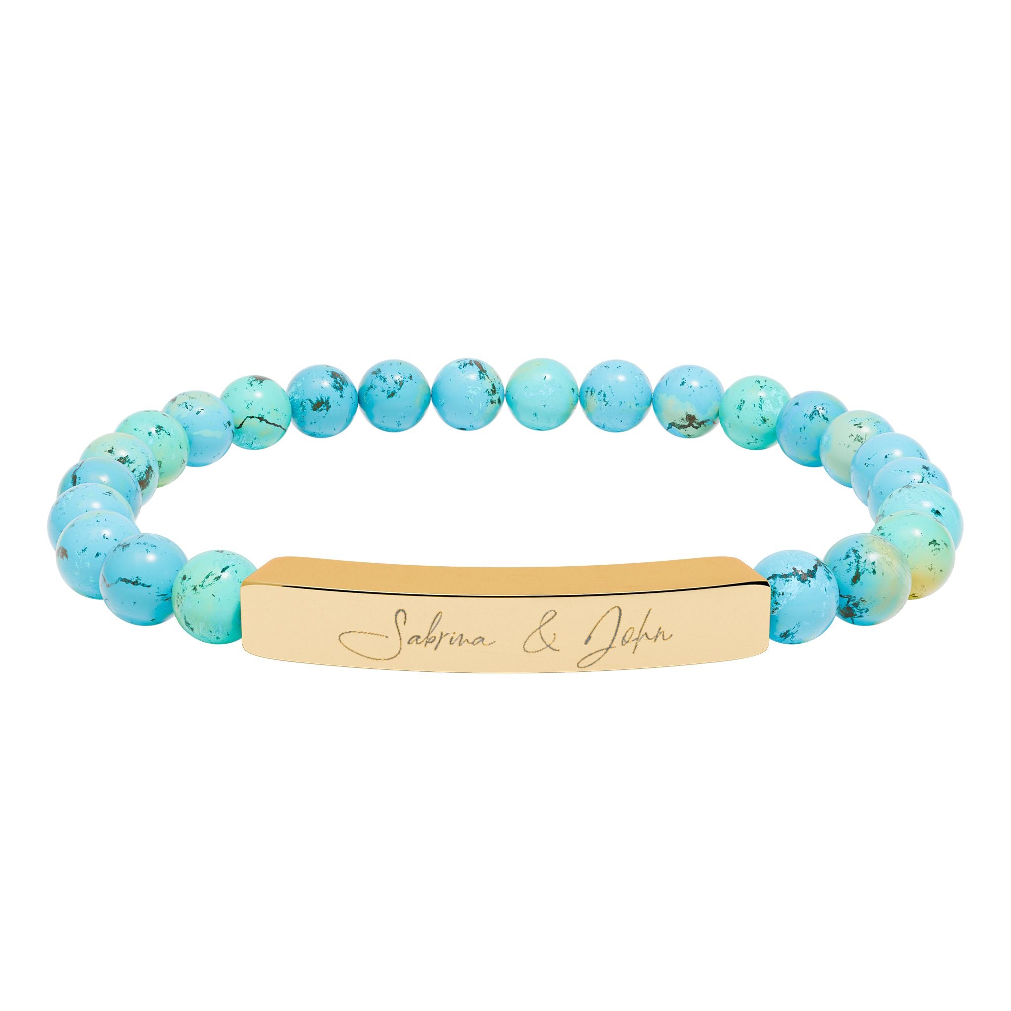 Personalized Name Bracelet for Women & Men – 18K Gold PVD Engraved Bar Bracelet with Natural Stone Beads | Custom Gift