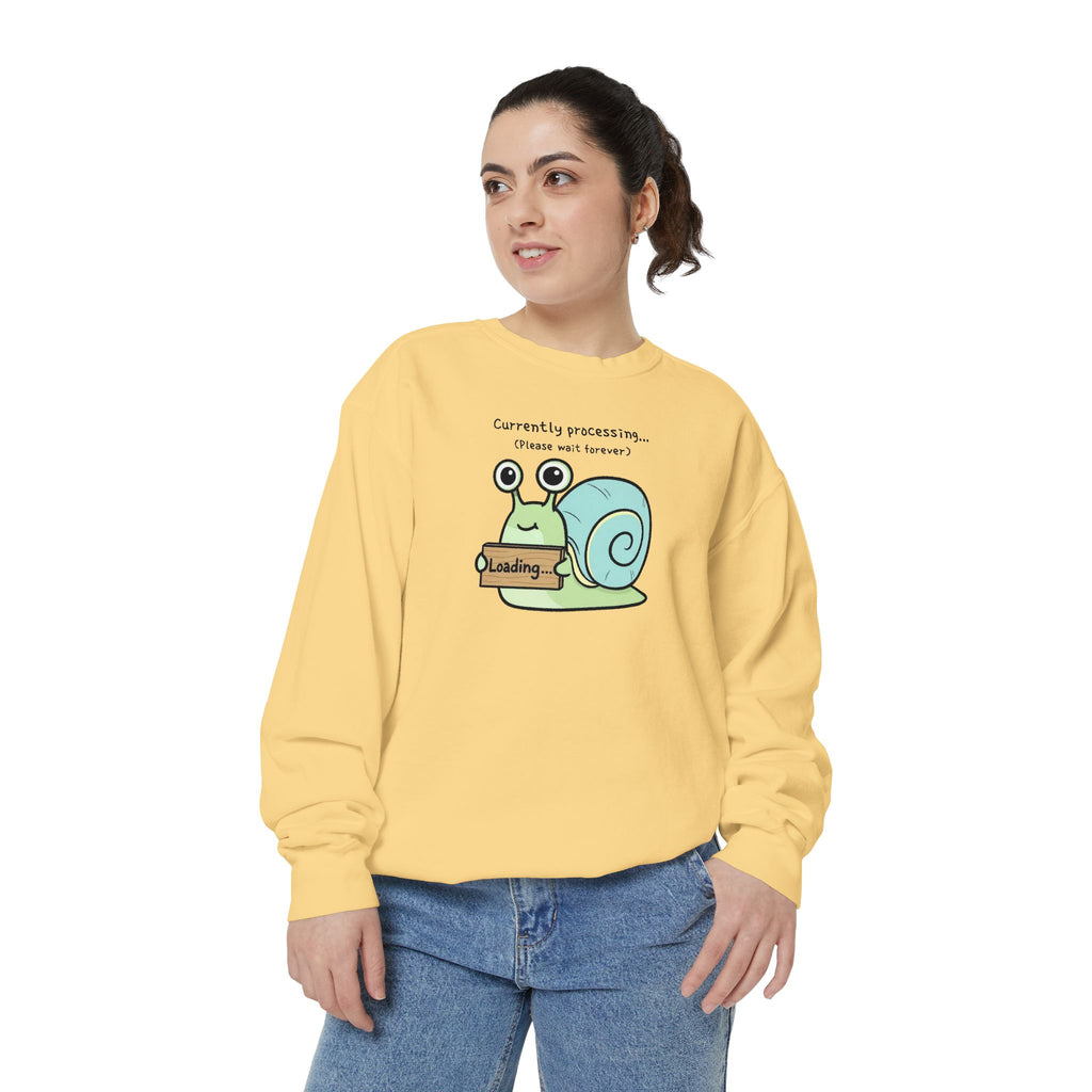 Funny Snail Sweatshirt – “Currently Processing… Please Wait Forever” Unisex Relaxed Fit Apparel