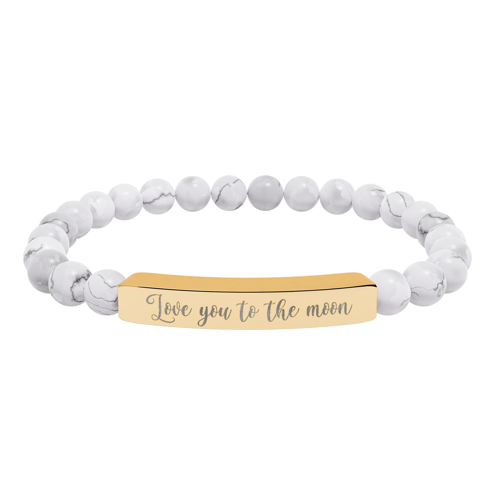 Love You to the Moon Bracelet – 18K Gold PVD Engraved Bar with Natural Stone Beads | Meaningful Gift for Her/Him