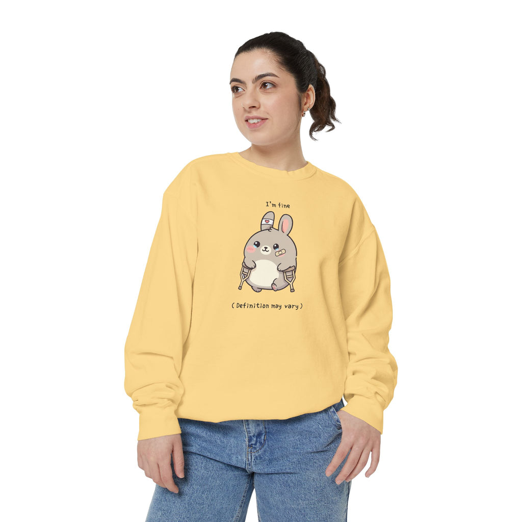 Cute Bunny Sweatshirt – “I’m Fine (Definition May Vary)” Unisex Garment-Dyed Apparel