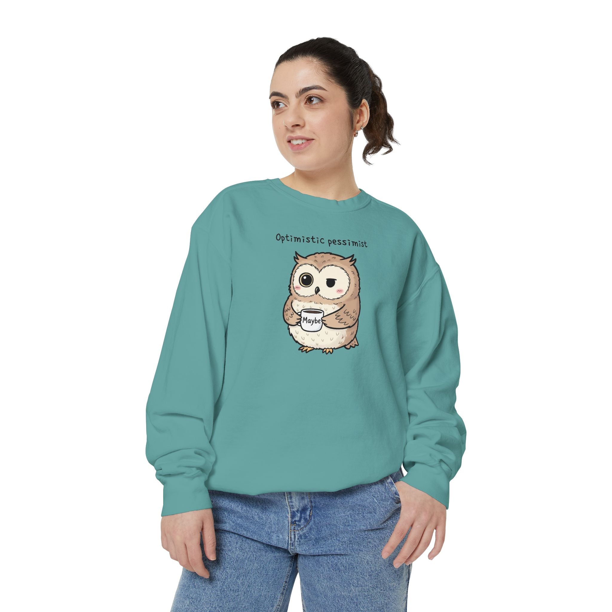 Doubtful Owl Sweatshirt – “Optimistic Pessimist (Maybe)” Unisex Garment-Dyed Apparel
