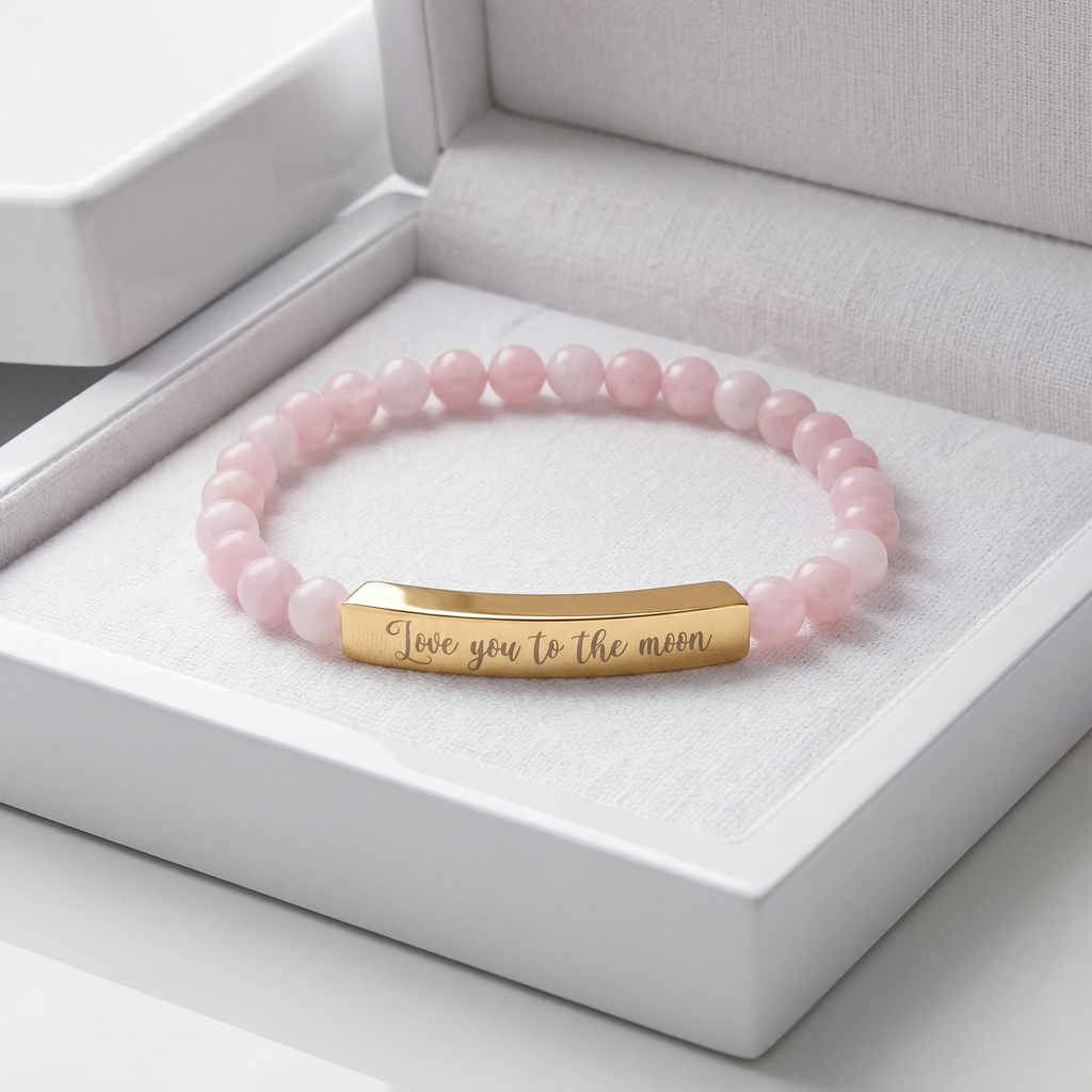 Love You to the Moon Bracelet – 18K Gold PVD Engraved Bar with Natural Stone Beads | Meaningful Gift for Her/Him