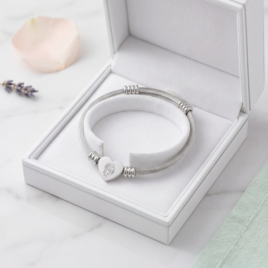 Floral Heart Bracelet – Engraved Heart Cuff Bracelet | Elegant Gift for Her