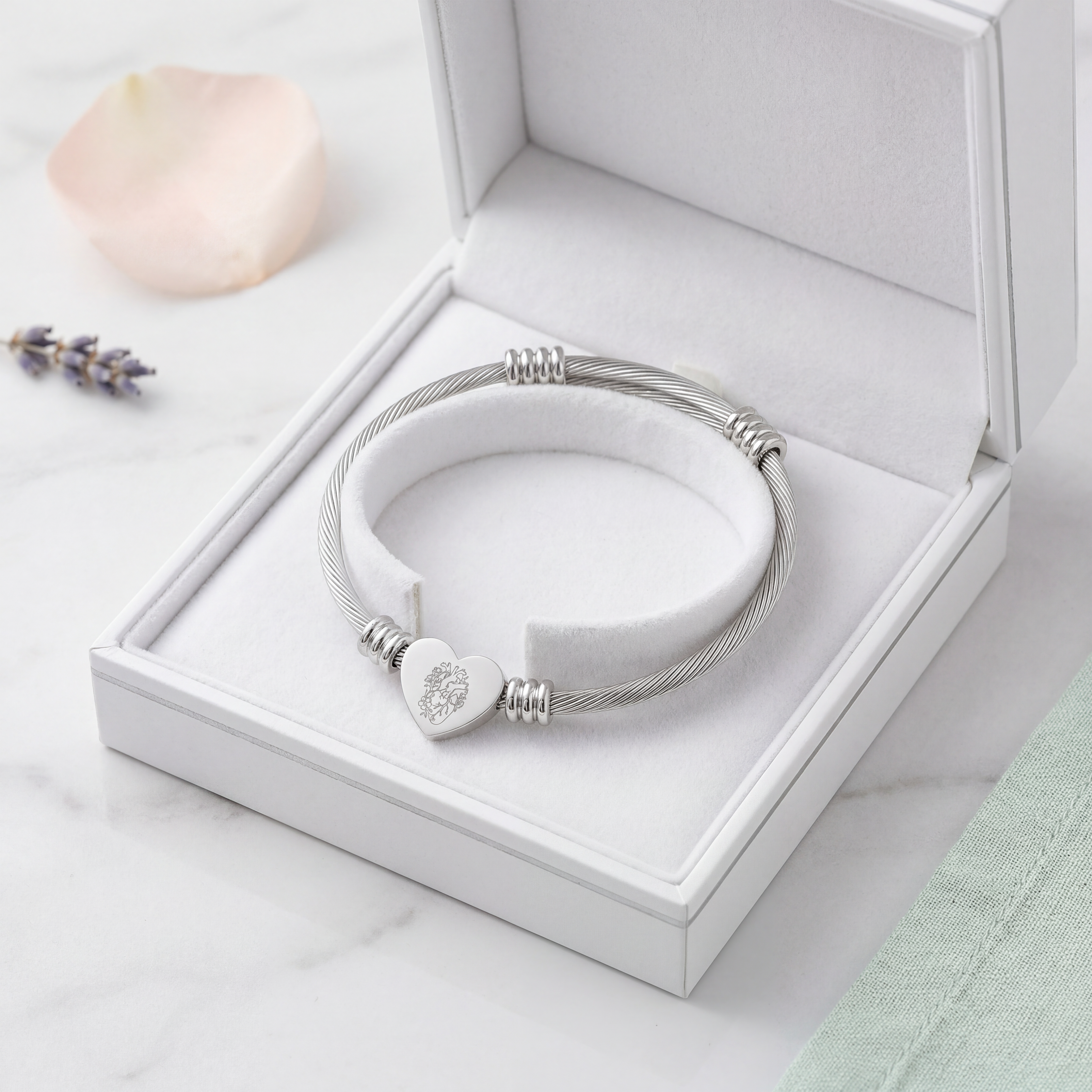Floral Heart Bracelet – Engraved Heart Cuff Bracelet | Elegant Gift for Her