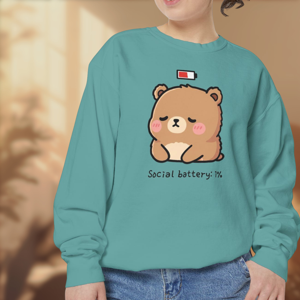 Exhausted Bear Cartoon Sweatshirt - "Social Battery: 1%" Comfy Unisex Apparel