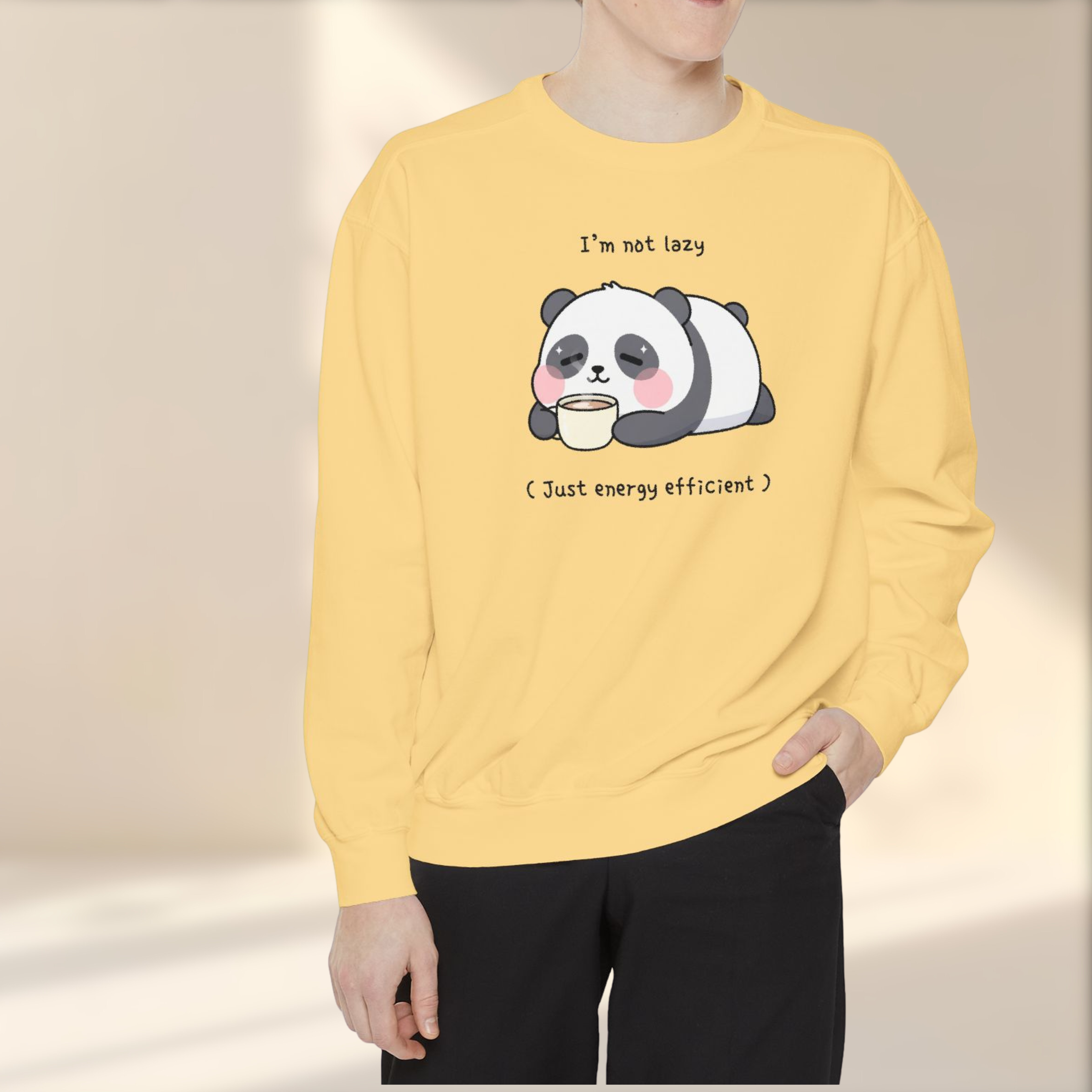 Lazy Panda Sweatshirt – “I’m Not Lazy (Just Energy Efficient)” Unisex Garment-Dyed Apparel