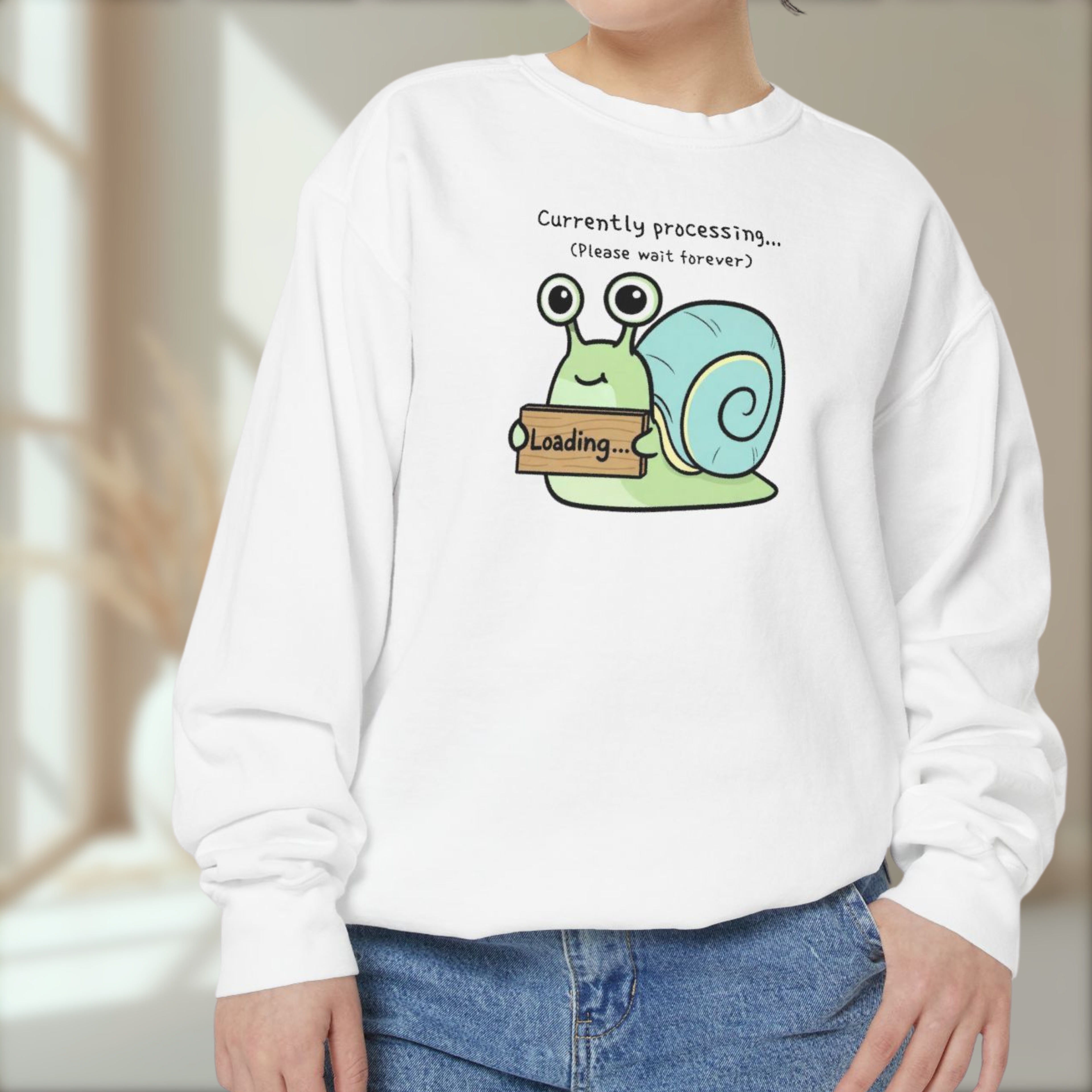Funny Snail Sweatshirt – “Currently Processing… Please Wait Forever” Unisex Relaxed Fit Apparel