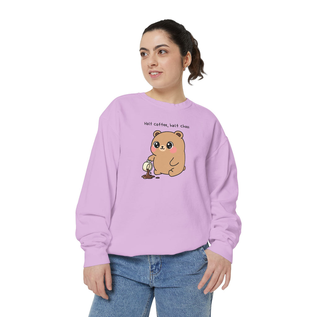 Cute Bear Sweatshirt – “Half Coffee, Half Chaos” Cozy Unisex Crewneck
