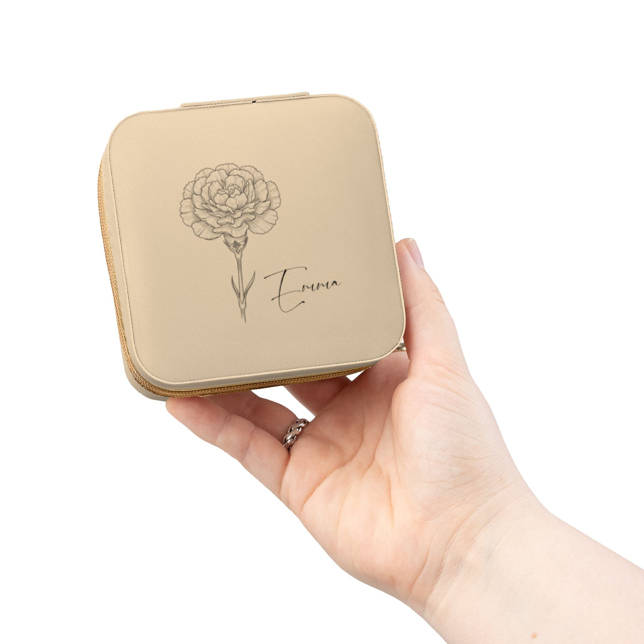 Personalized Jewelry Travel Organizer with Name & Birth Flower – Compact PU Leather Case for Rings & Necklaces