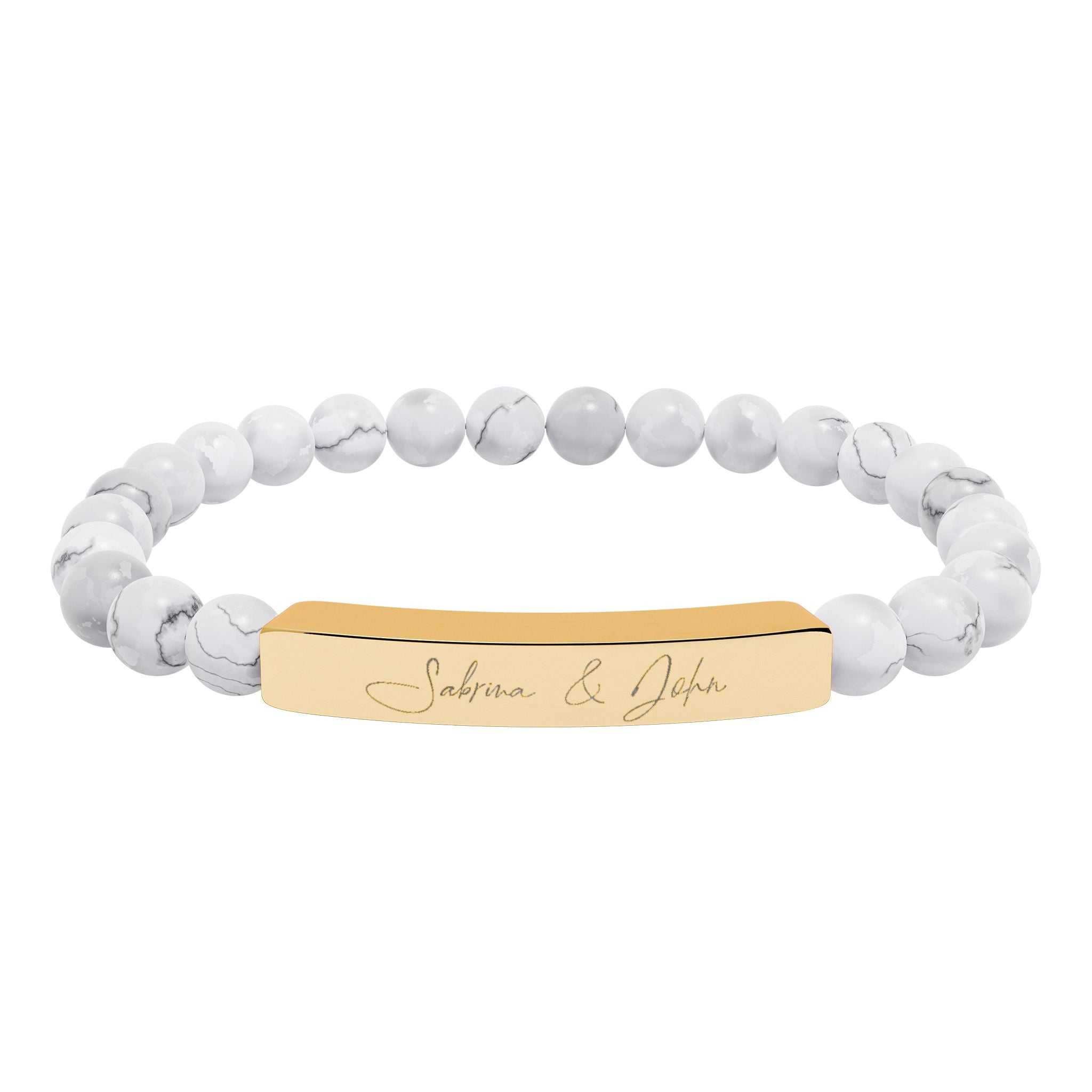 Personalized Name Bracelet for Women & Men – 18K Gold PVD Engraved Bar Bracelet with Natural Stone Beads | Custom Gift