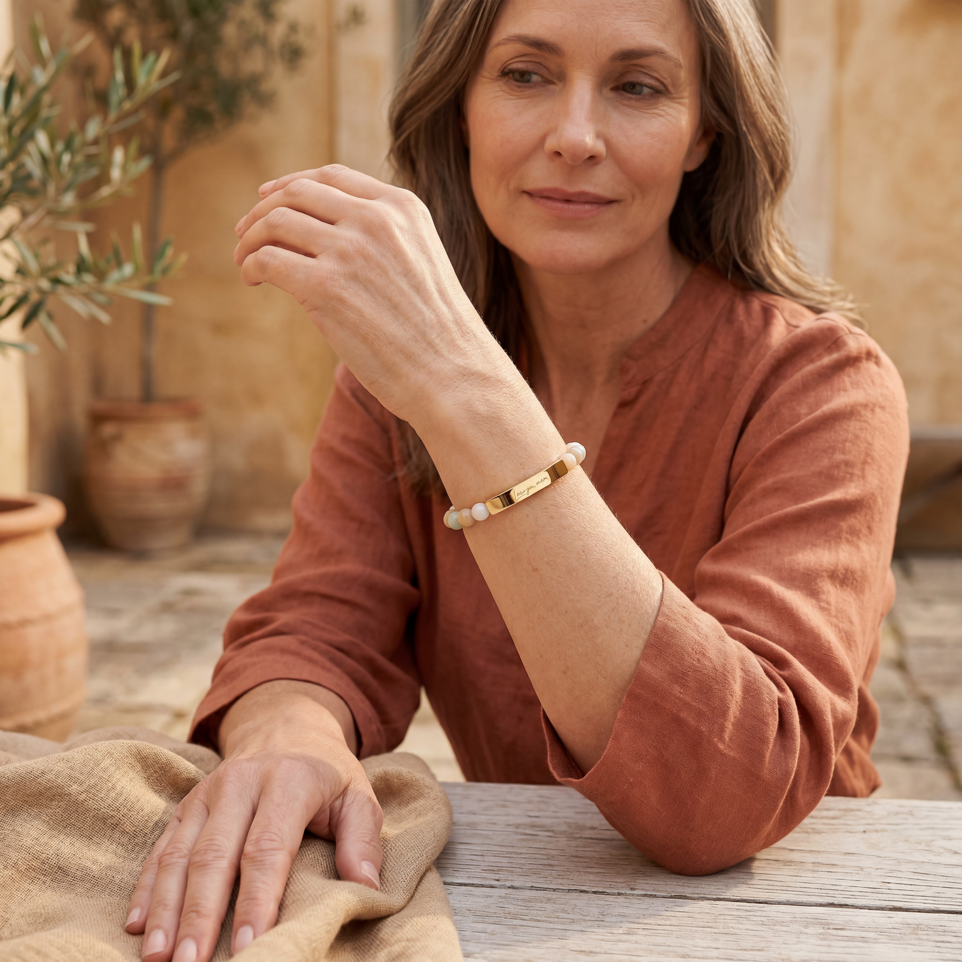 Love You Mom Bracelet – 18K Gold PVD Engraved Bar with Natural Stone Beads | Gift for Mom