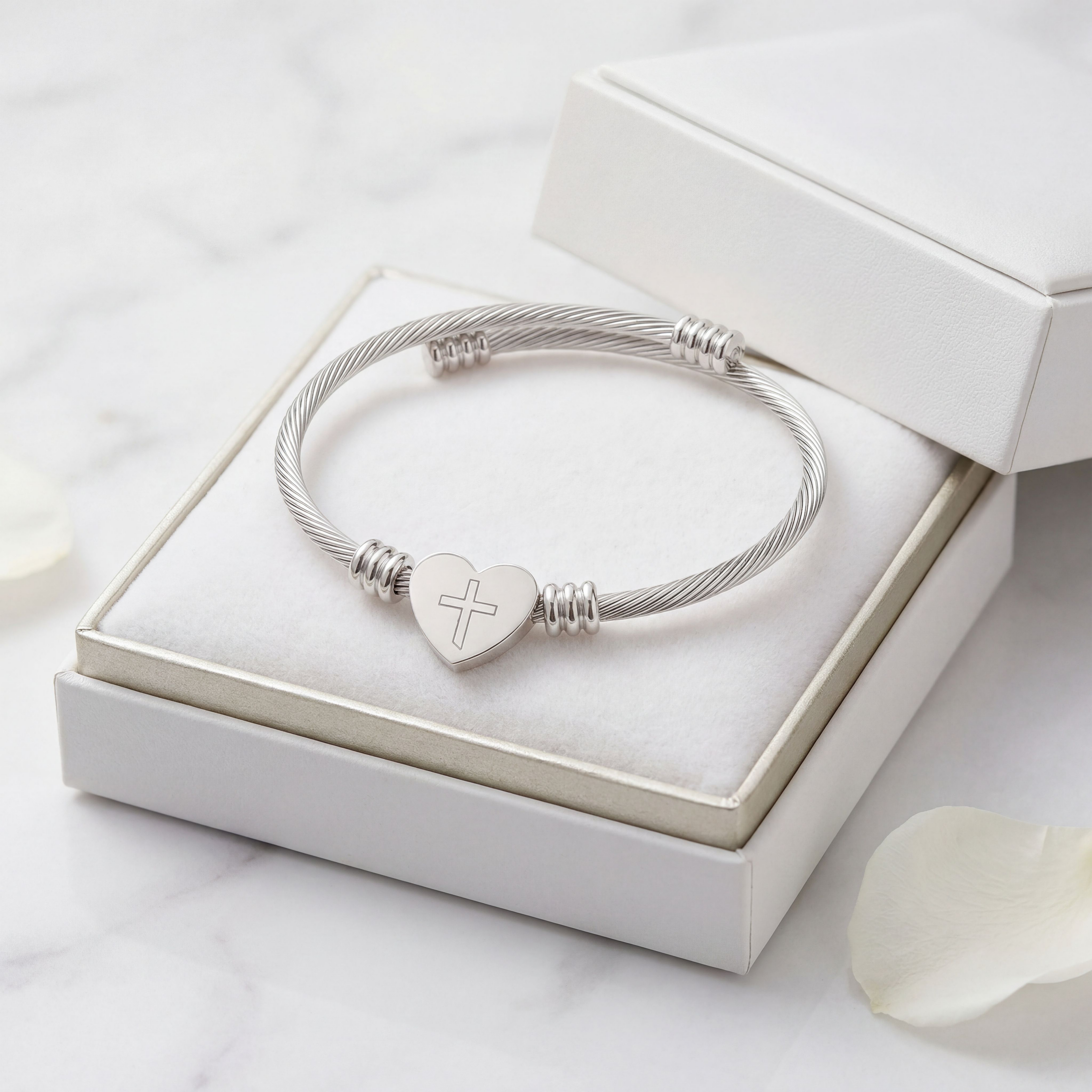 Cross Bracelet – Engraved Heart Cuff Bracelet | Christian Faith Jewelry Gift for Women
