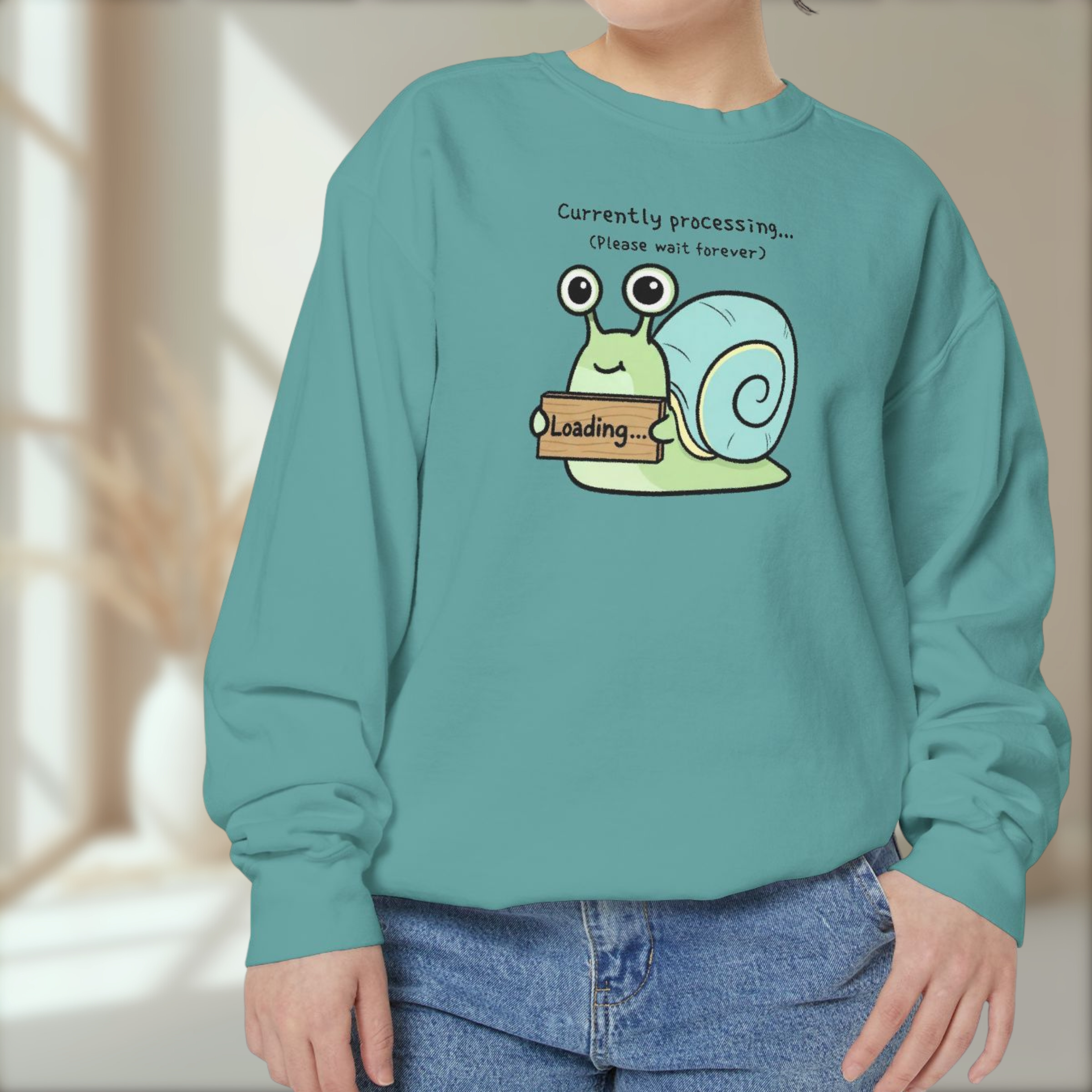 Funny Snail Sweatshirt – “Currently Processing… Please Wait Forever” Unisex Relaxed Fit Apparel