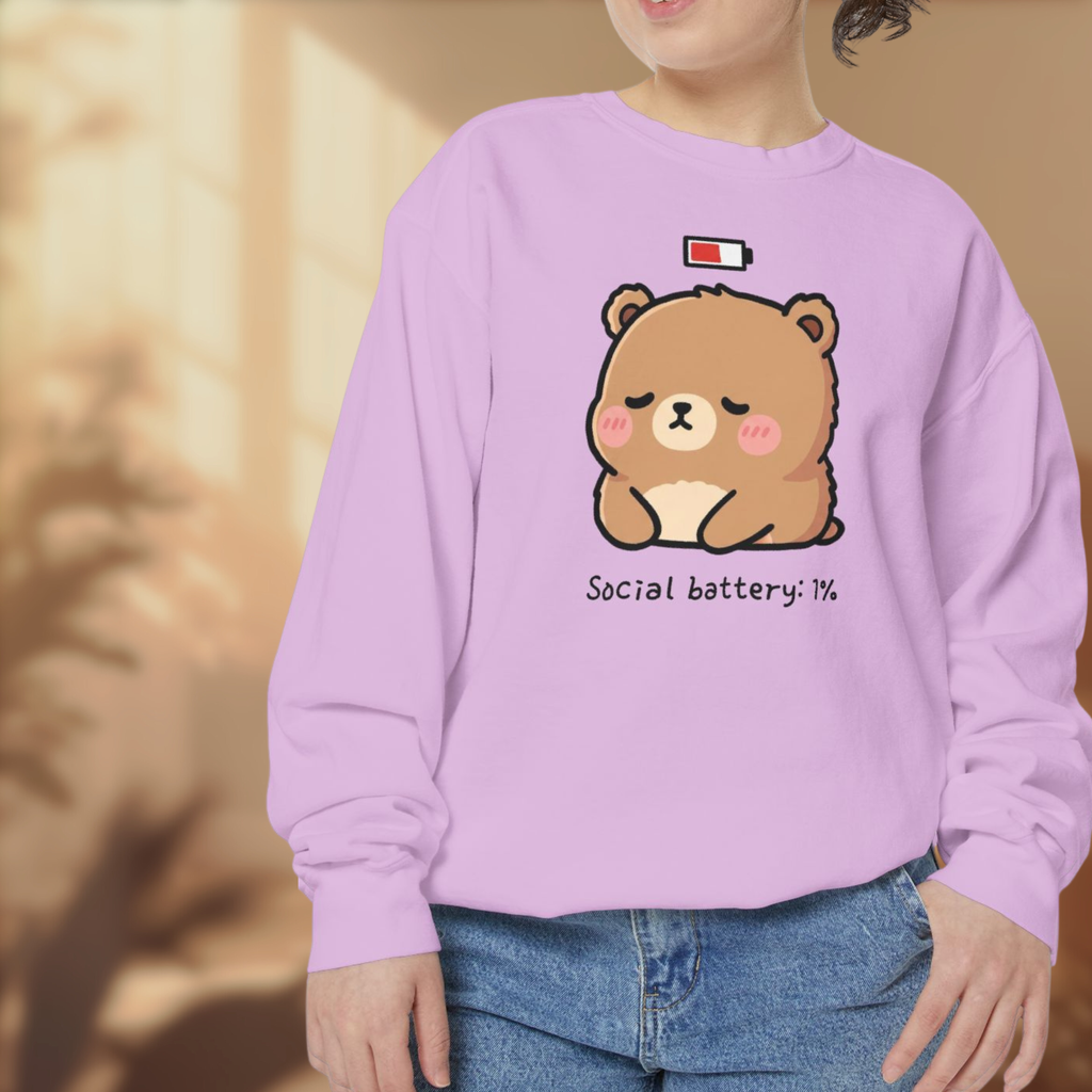 Exhausted Bear Cartoon Sweatshirt - "Social Battery: 1%" Comfy Unisex Apparel