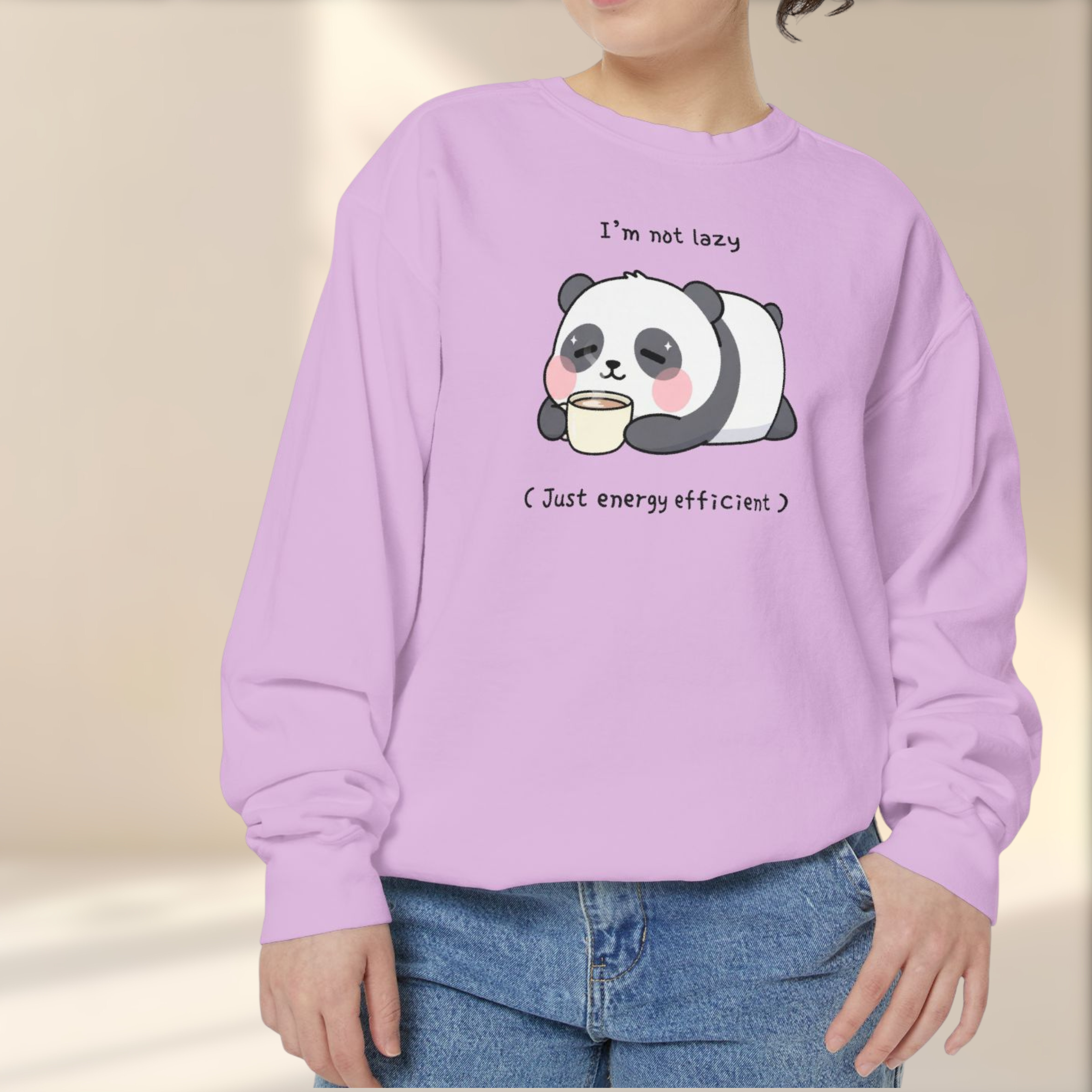 Lazy Panda Sweatshirt – “I’m Not Lazy (Just Energy Efficient)” Unisex Garment-Dyed Apparel