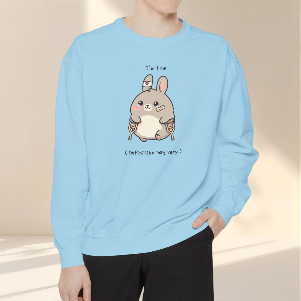 Cute Bunny Sweatshirt – “I’m Fine (Definition May Vary)” Unisex Garment-Dyed Apparel
