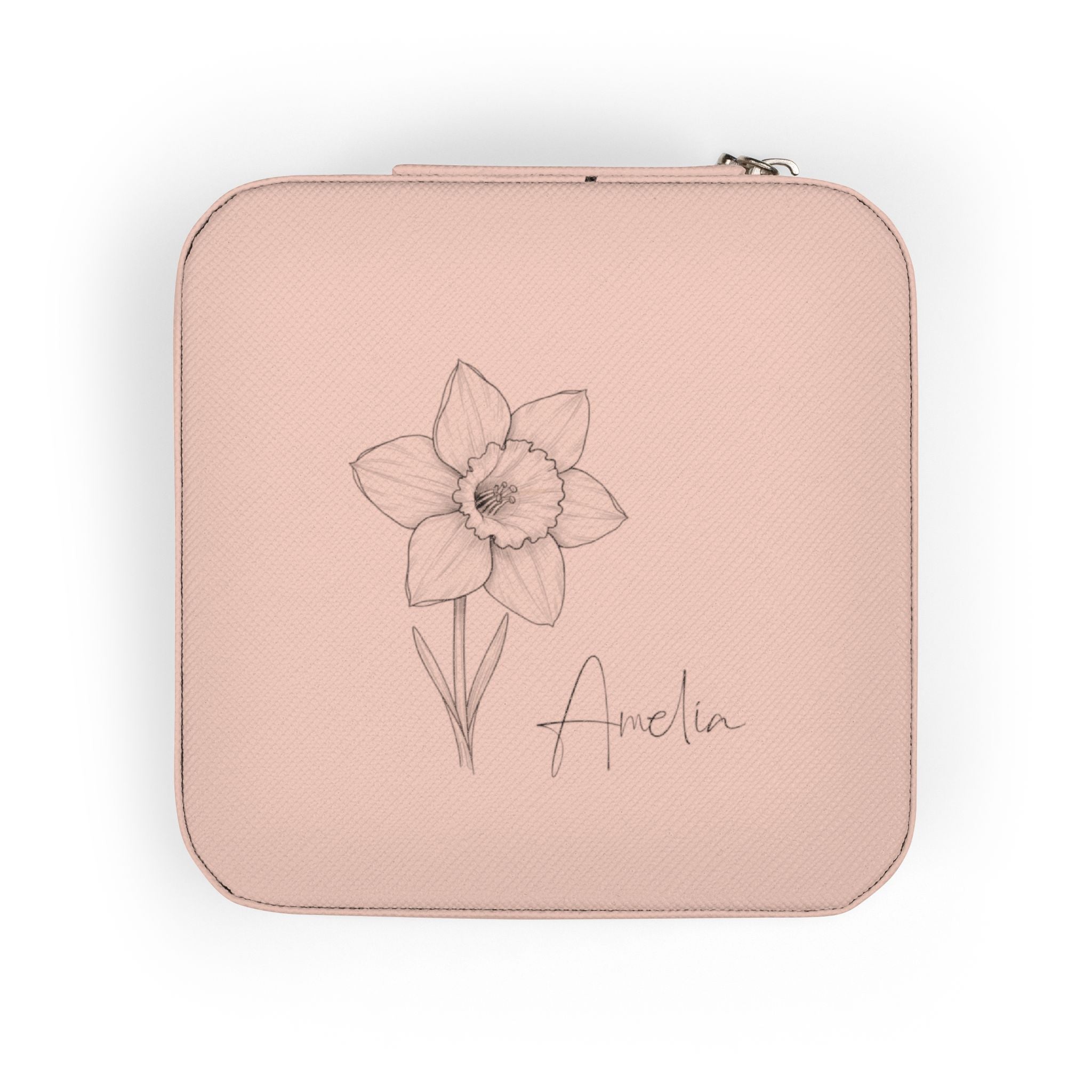 Travel Jewelry Case Personalized with Birth Flower & Name – Compact Organizer for Rings, Chains & Earrings